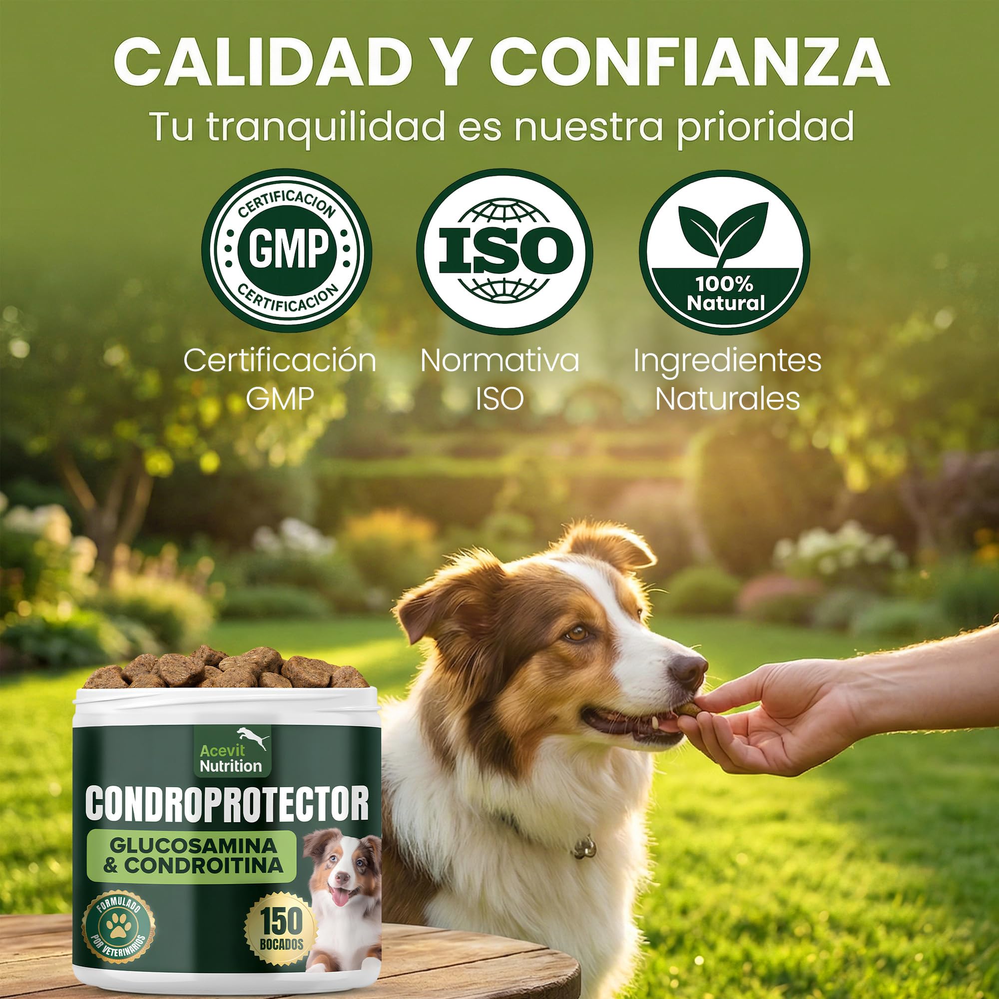 Condroprotector para Perros, 150 Unidades, 100% Natural, Antiinflamatorio, Articulaciones y Cartílagos, Antiartrosis con Colágeno, Glucosamina, Condroitina, MSM, Ácido Hialurónico, Omega 3 y 6