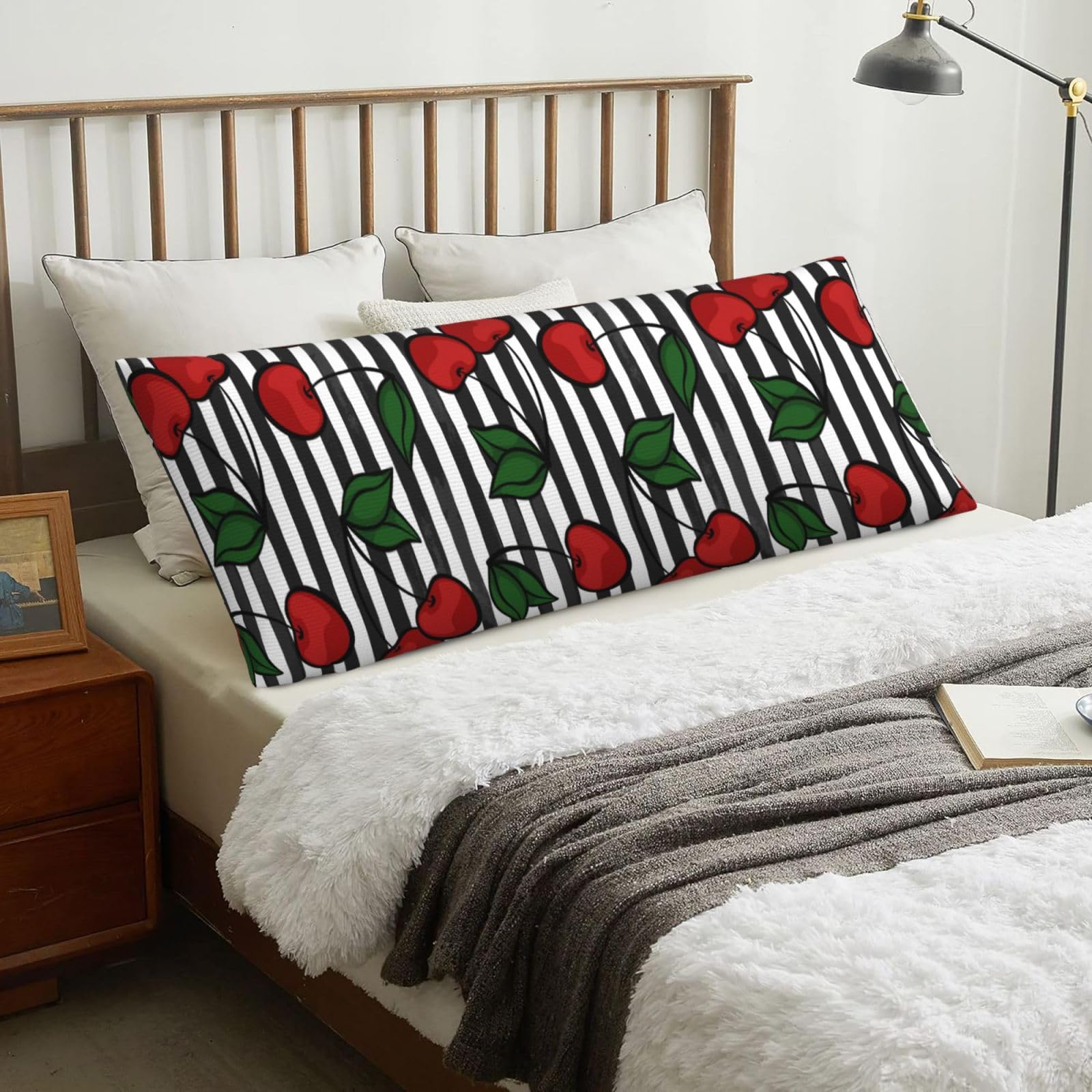 With Cherry On Black And White, Body Pillow Cover with Zipper,Long Body Pillowcase 20 x 60 in
