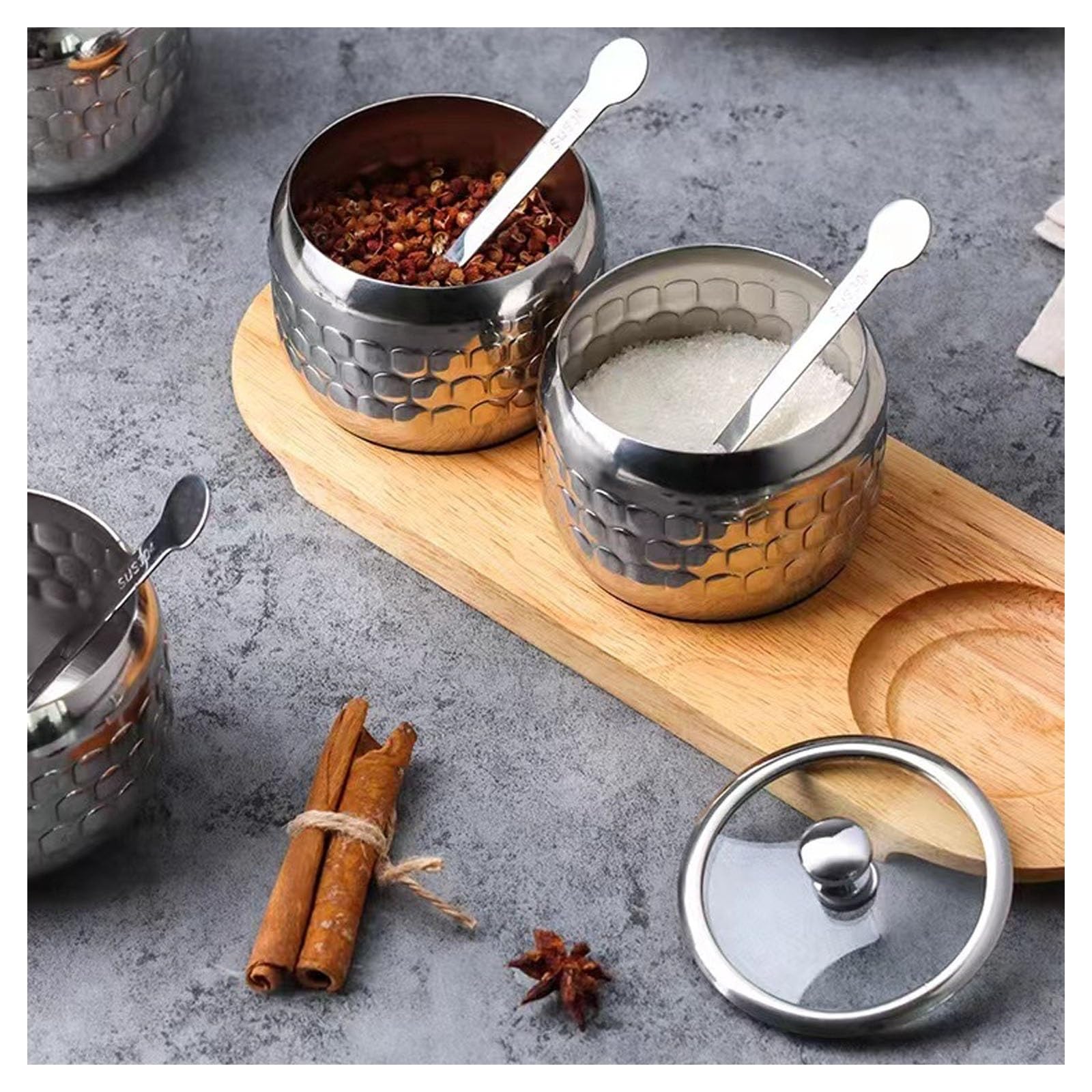 Zuckerdose mit Deckel und Löffel, 304 Edelstahl-Gewürzbehälter-Set, 350 ml Vorratsbehälter, Vorratsglas, Küchenarbeitsplatte, Aufbewahrung for Süßigkeiten, Kaffeebohnen