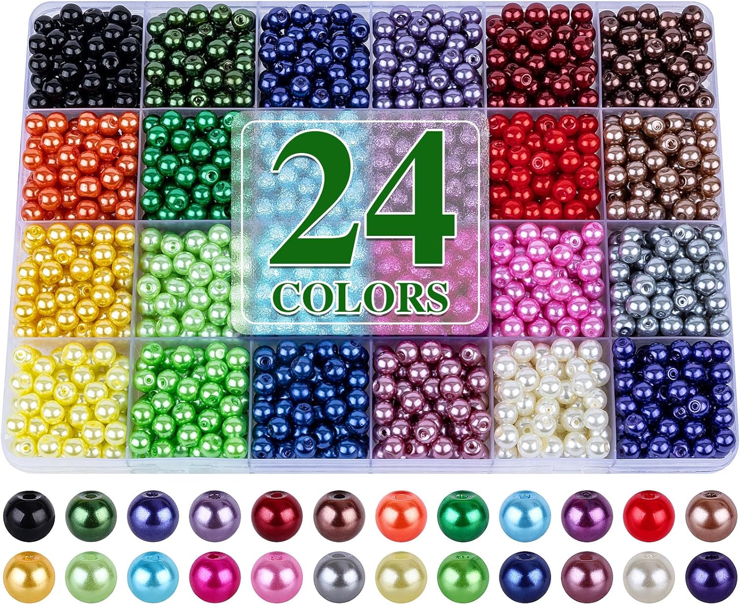 XSEINO About 1200+ PCS 6mm Imitation Pearl Style Glass Beads Bracelet Making Kit, 24 Assorted Colors Imitation Pearl Series Crystal Beads for Jewelry Making and DIY Crafts, Friendship Bracelets