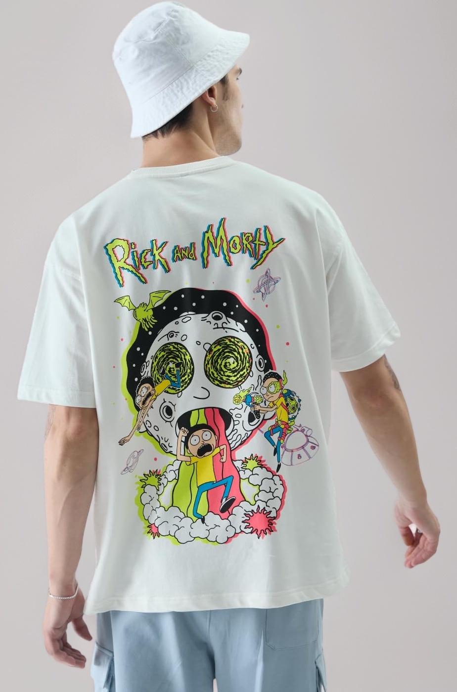 Official Rick and Morty: Morty Universe Mens and Boys Oversized fit Graphic Printed Half Sleeve Cotton White Color Oversized T-Shirts (225363)