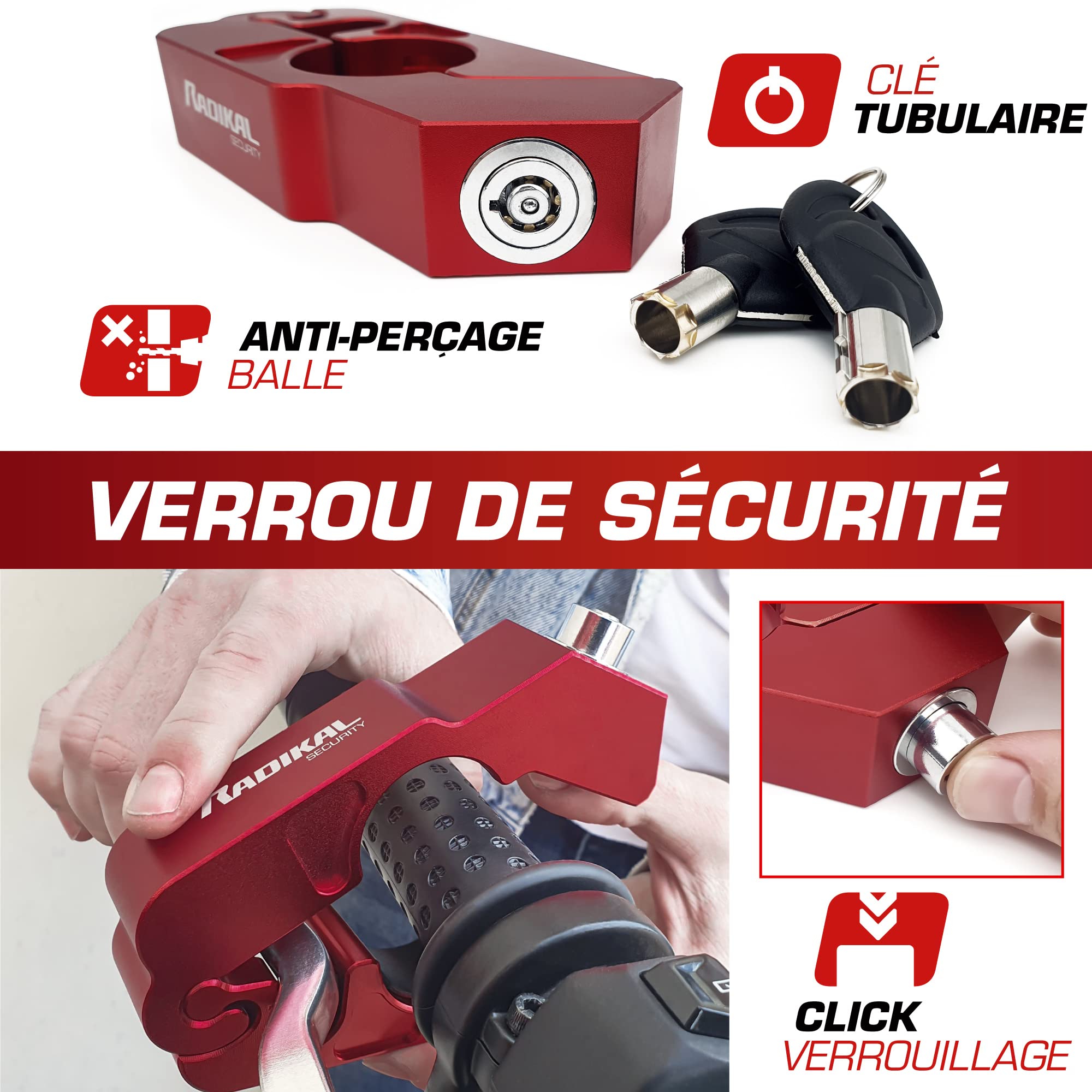 RADIKAL RK538R Antivol Guidon Moto, Bloque Levier Frein, Bloc Serrure Sécurité, Clic de Fermeture, Verrouillage Poignée Embrayage, Grip Lock, Blocage Universel Scooter, Quad, Vélo Électrique