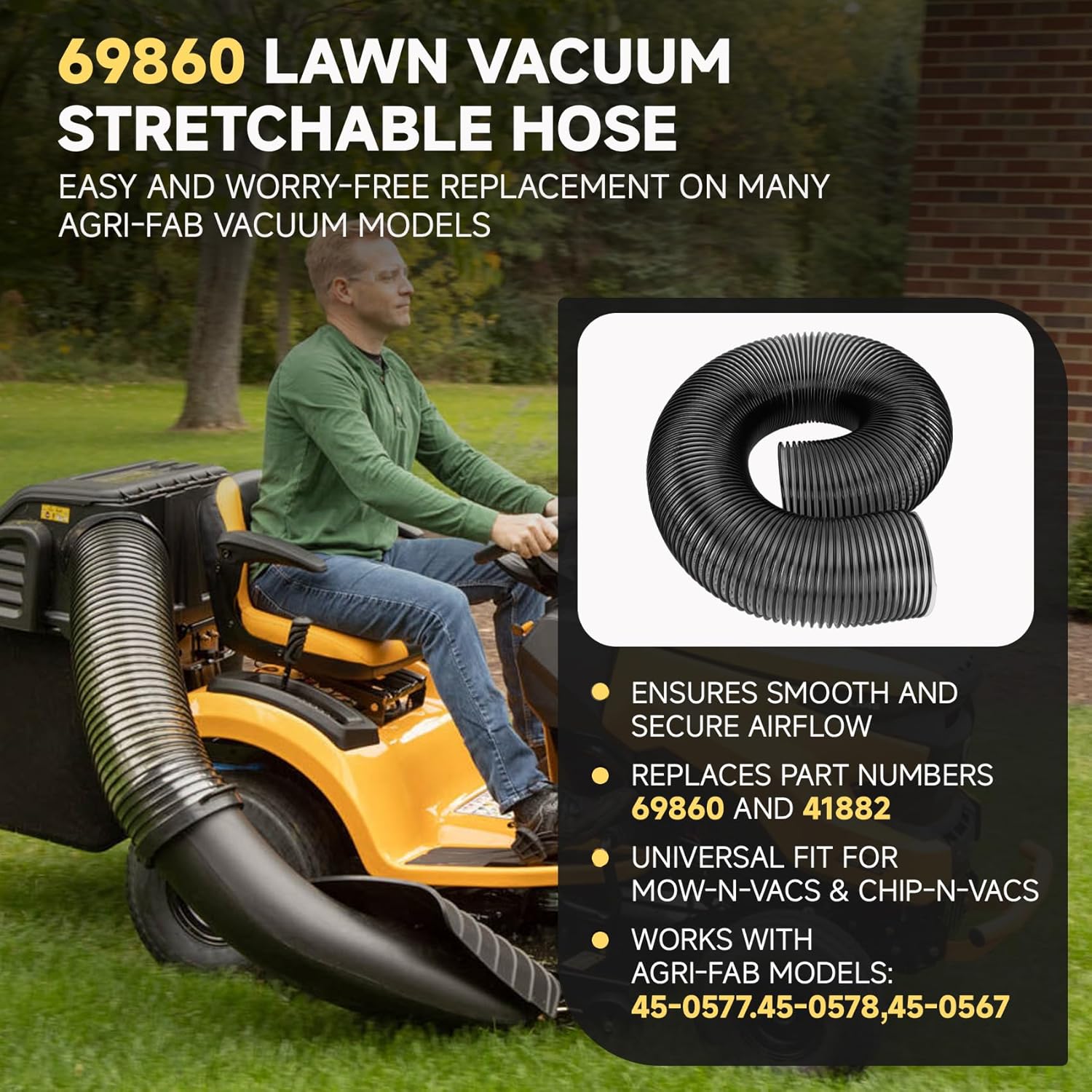 69860 Lawn Vacuum Hose Replacement for Agri-Fab 41882, Compatible with Mow-N-Vacs & Chip-N-Vacs 45-0577/45-0578/45-0567, 6 Inch Leaf Vacuum Hose 6" x 84" Flexible, Heavy-Duty Plastic, Cut-to-Fit