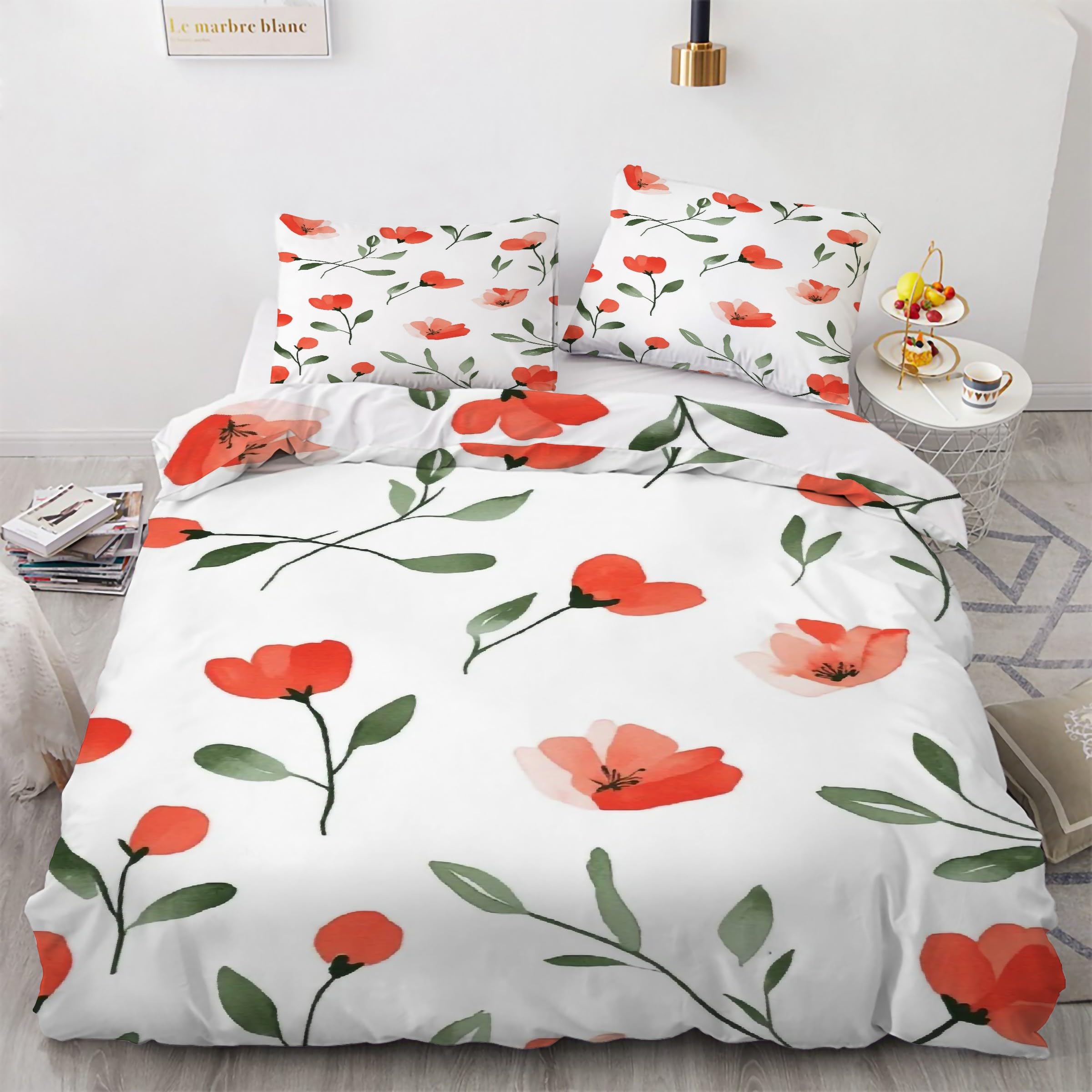 Housse de couette 200x200 fleuron avec 2 taies d'oreiller microfibre douce