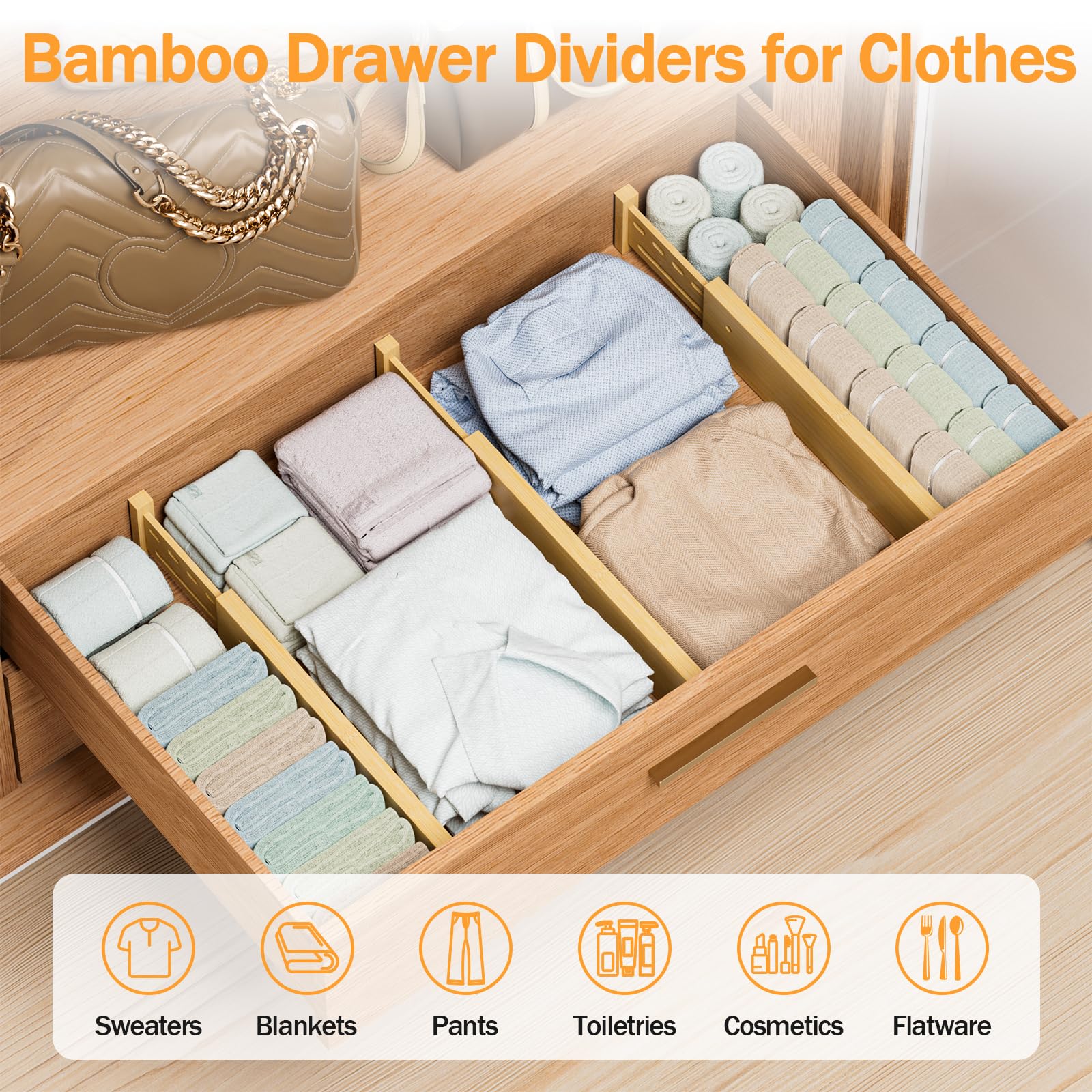 Schubladenteiler aus Bambus, 10,2 cm hoch, 32,5–45,7 cm, verstellbare Schubladen-Organizer für Kleidung, erweiterbare Kommoden-Trennwände im Schlafzimmer/Küche/Bad/Büro, Organisation und