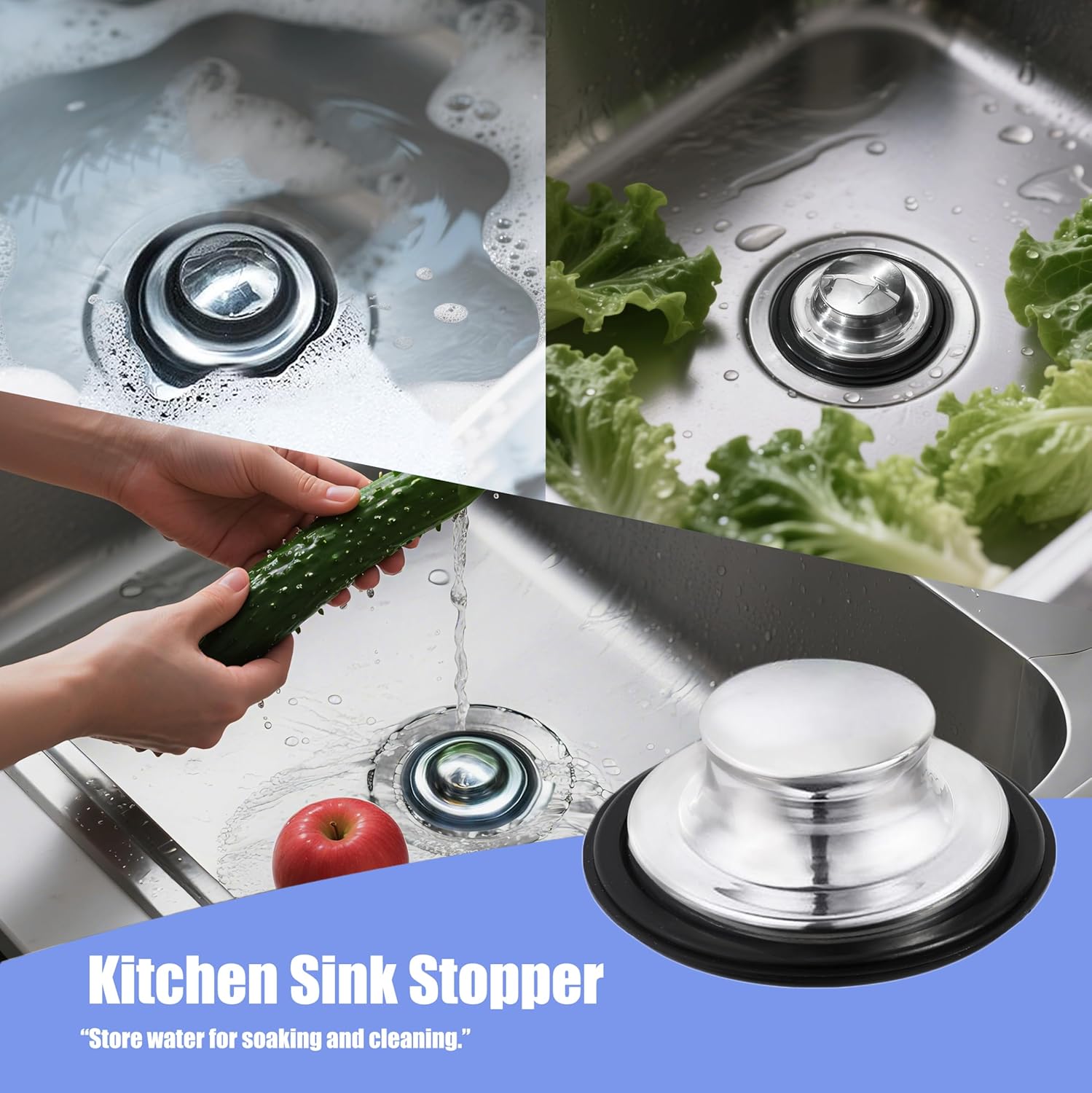 RQYEKDO 3-Pack Kitchen Sink Drain Strainer Stopper Set, Universal Anti-Clogging Stainless Steel Garbage Disposal Plug with Handle, Perforated Basket Filter Sieve for Standard 3.5" Drains (Silver)