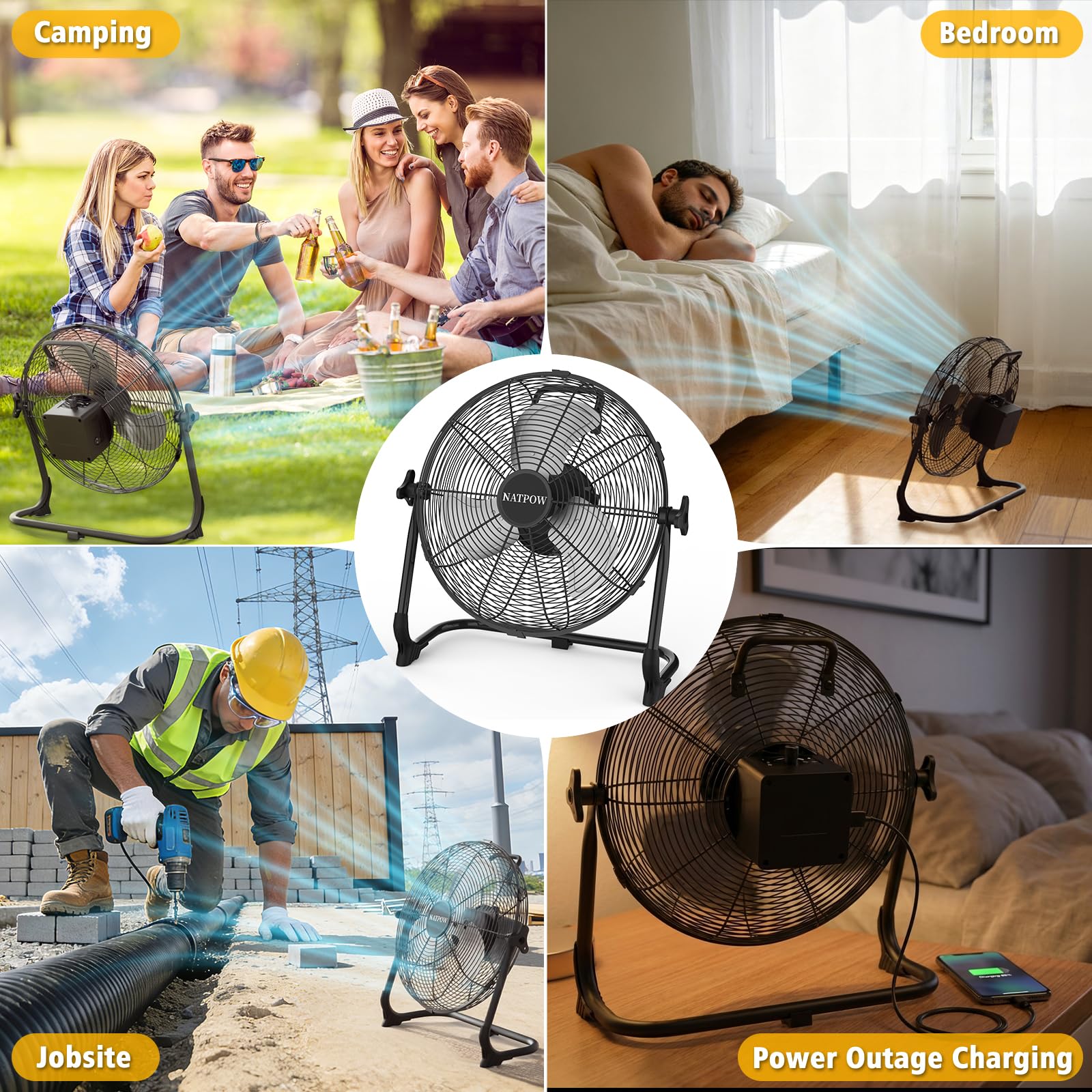 NATPOW Rechargeable Ventilateur de Sol pour Intérieur et Extérieur, 13200mAh Brasseur d'air avec Type C et USB, 15W 30 cm Ventilateur, Adaptateur 1,5 m Inclus, Silencieux, Économe en Énergie, Noir