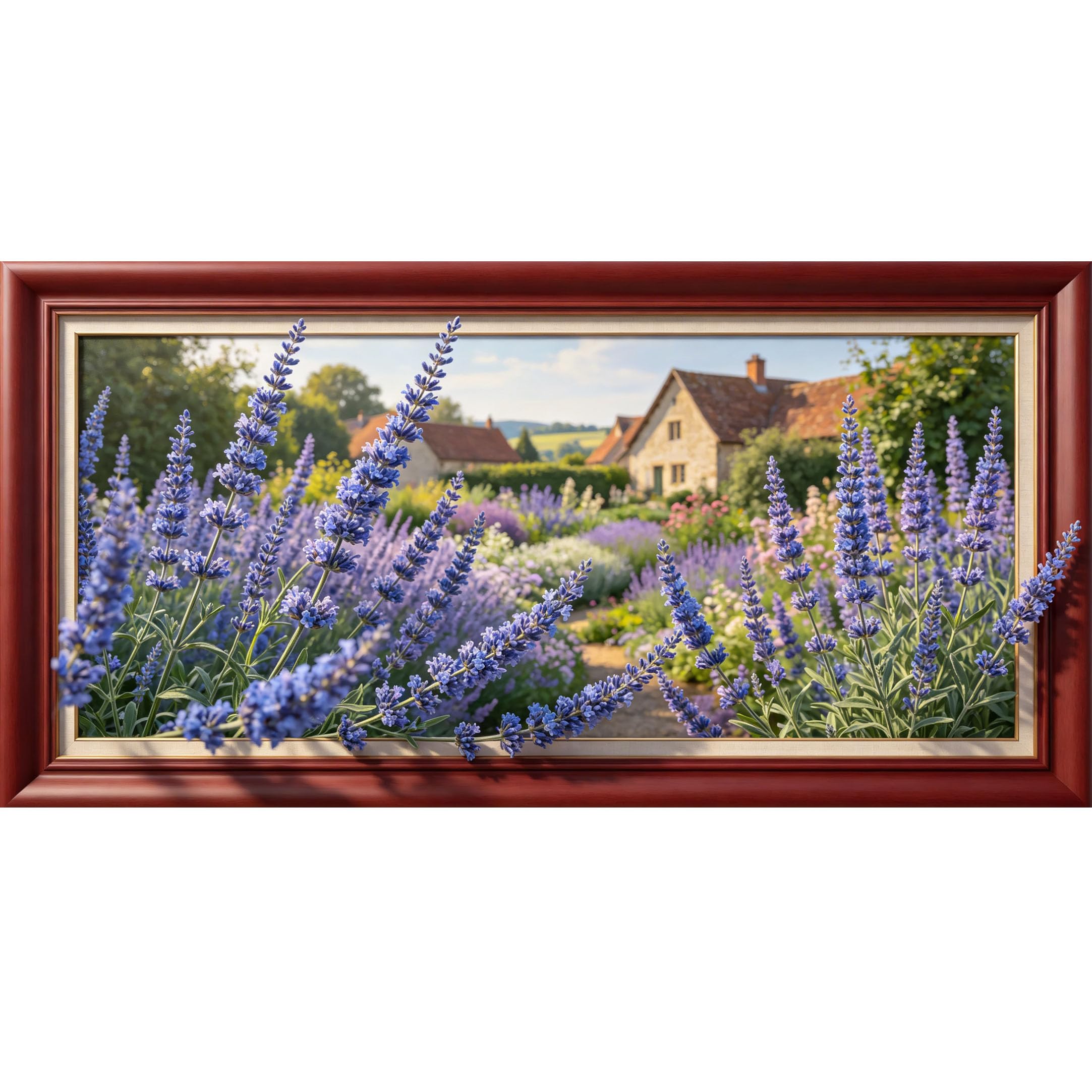 Agglomerix 3D Framed Wall Art Lavender Garden Cottage Landscape Botanical Relief Effect Large Size Self-Adhesive Removable Wall Decor Prints Artwork for Living Room Bedroom Office