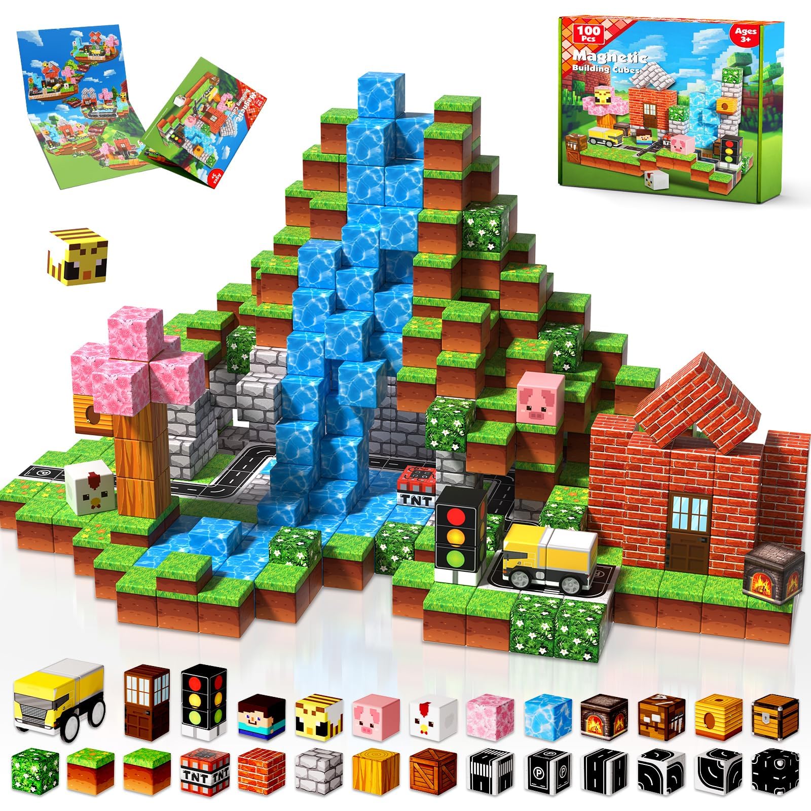 Annexfun Magnetic Blocks 100 pcs STEM Toys for Kids Ages 3-8, Magnetic Building Blocks Educational Construction Set  Christmas Brithdays Gift for Girls & Boys 3-10, Learning Toys for Toddlers