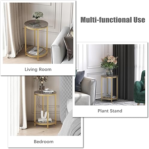 Miniatura 9 de WiberWi Juego de 2 mesas auxiliares redondas, mesa auxiliar moderna con marco de metal dorado y parte superior de mármol sintético, mesita de noche