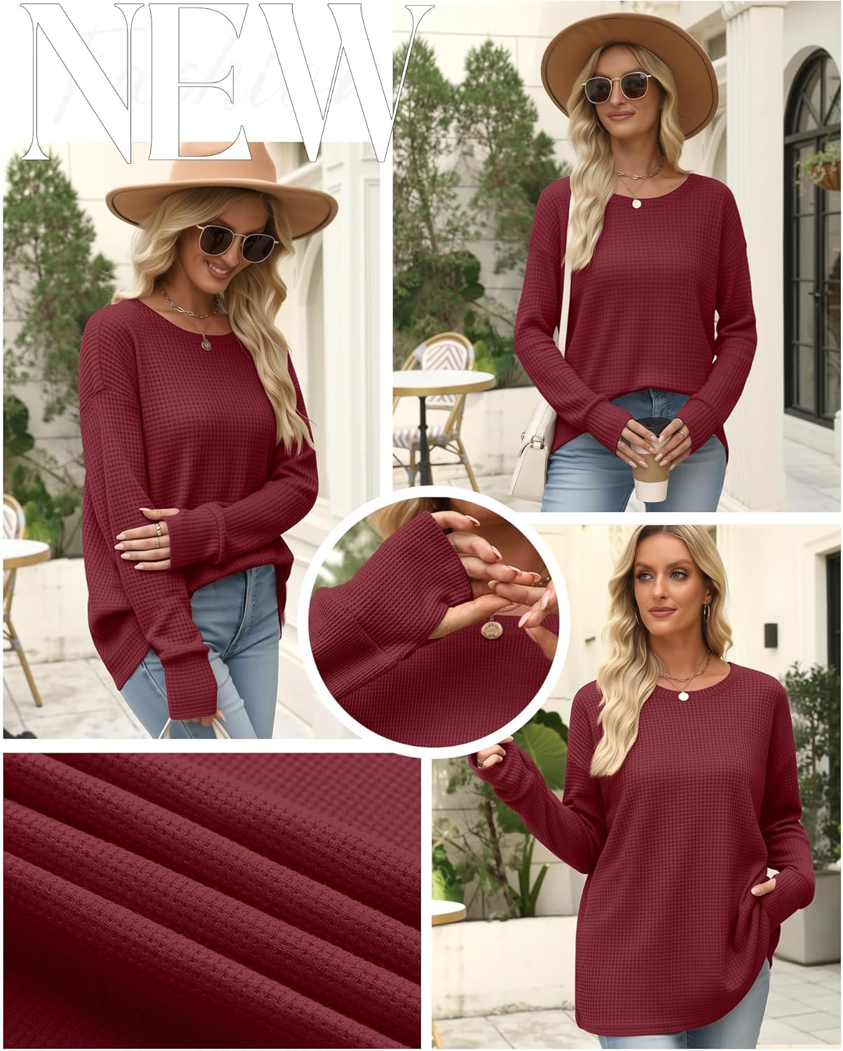 Women's Oversized Waffle Knit Tunic Tops, Long Sleeve Crew Neck Drop Shoulders Shirts with Thumb Hole Loose Blouse - Image 4