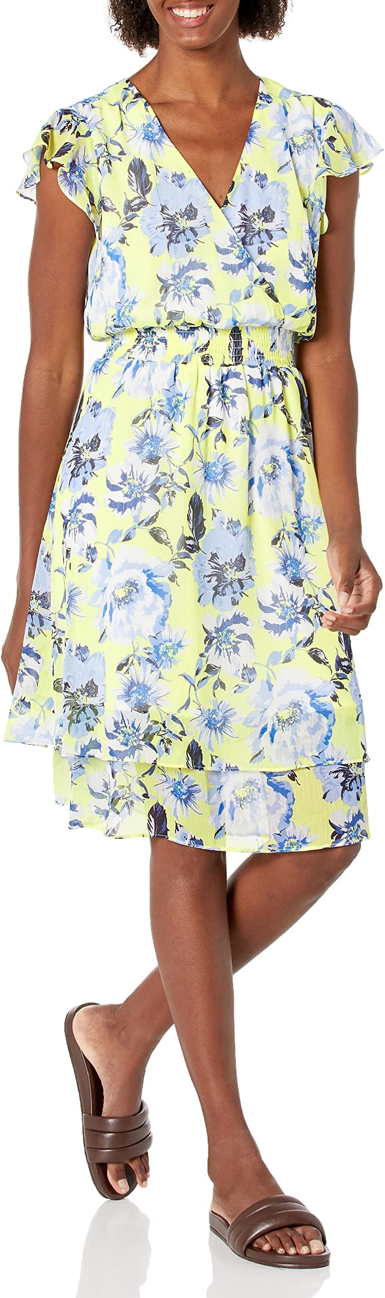 NINE WEST Women's Sedona Flounce SLV Tiered Dress W/Smoc