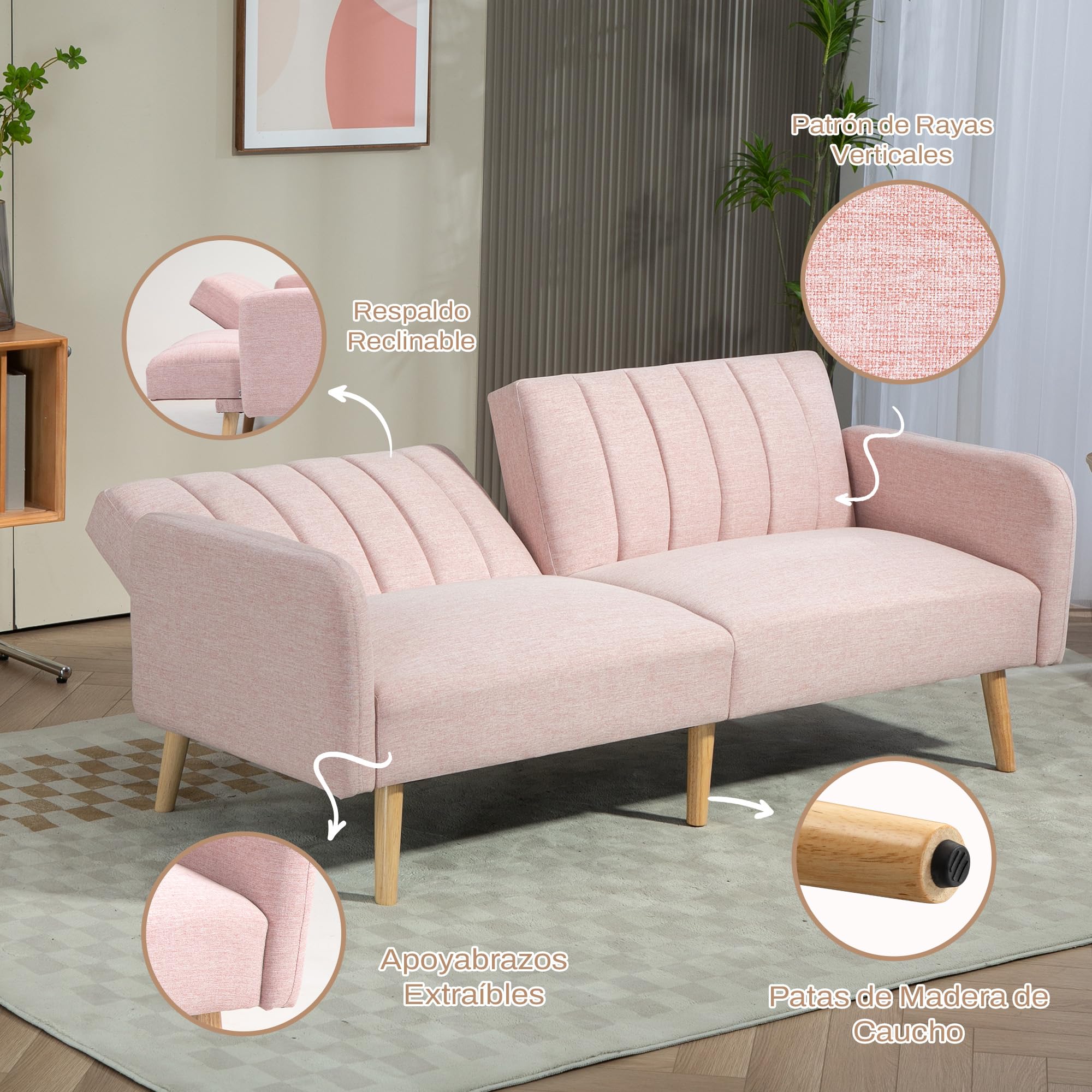 HOMCOM Sofá Cama de 2 Plazas Moderno 173x75x73 cm Sofá Cama Plegable Tapizado en Lino Sintético con Respaldo Ajustable en 3 Niveles y Reposabrazos Desmontables para Salón Oficina Rosa