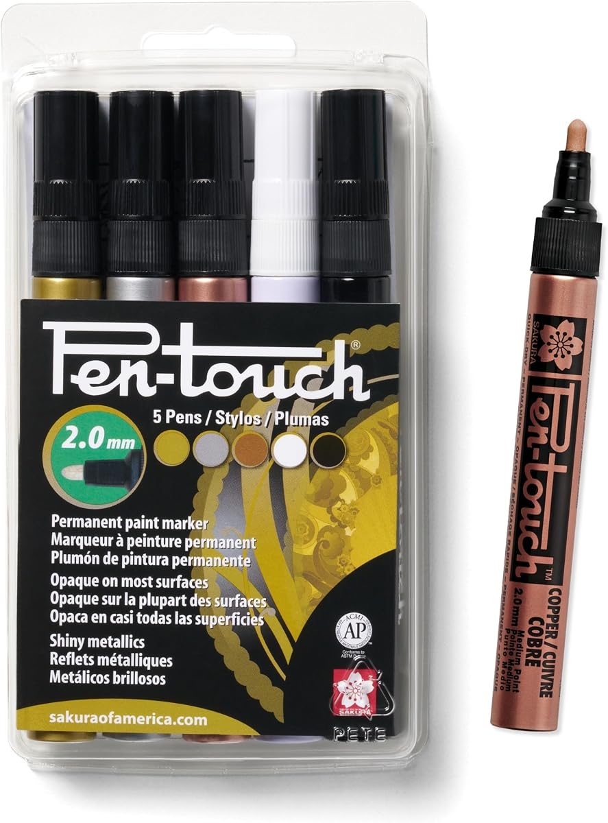 SAKURA 42591 Marcador de pintura Pentouch de 5 piezas de 2,0 mm, mediano, dorado, plateado, cobre, blanco y negro | Rotuladores permanentes para vidrio, madera, porcelana, plástico y metal, calidad de archivo, impermeables, resistentes a la decoloración y de bajo olor