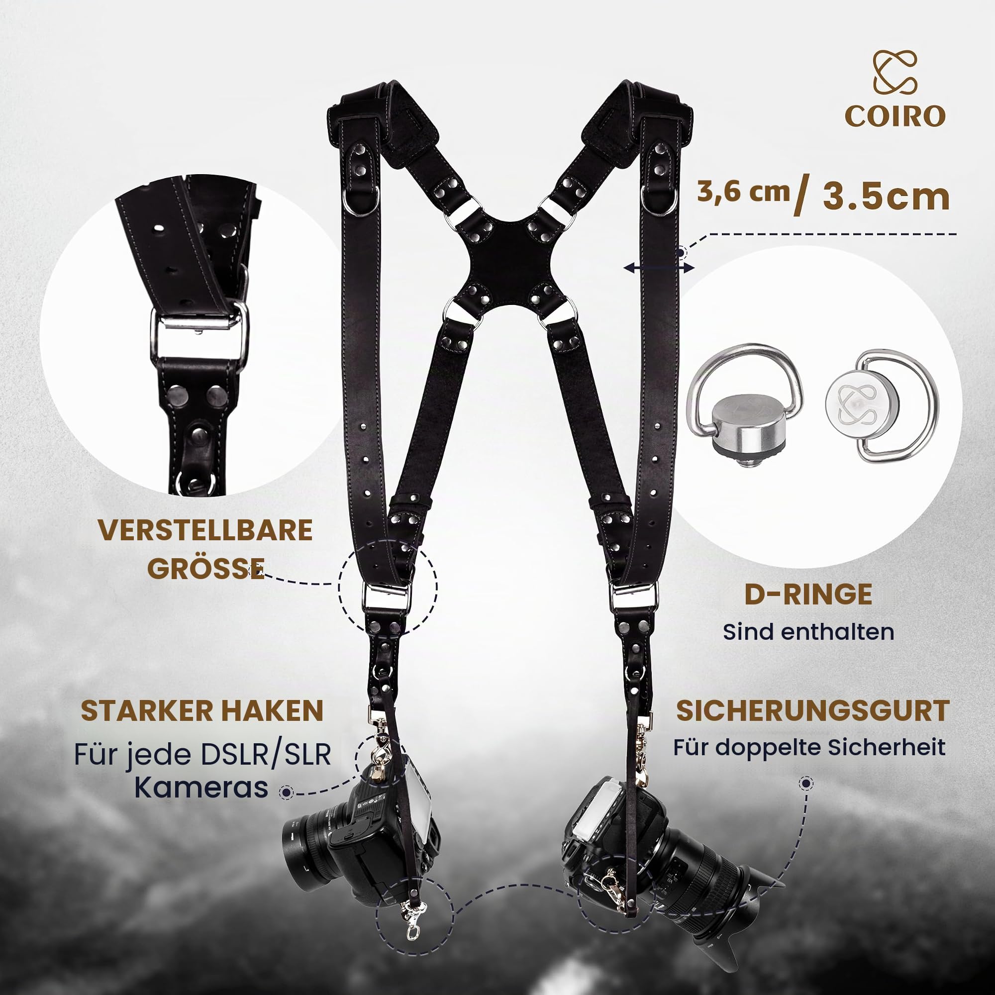 C Coiro Dual-Kamera-Gurt für Fotografen, doppelt verstellbarer Ledergurt DSLR/SLR, Dual-Schultergurt