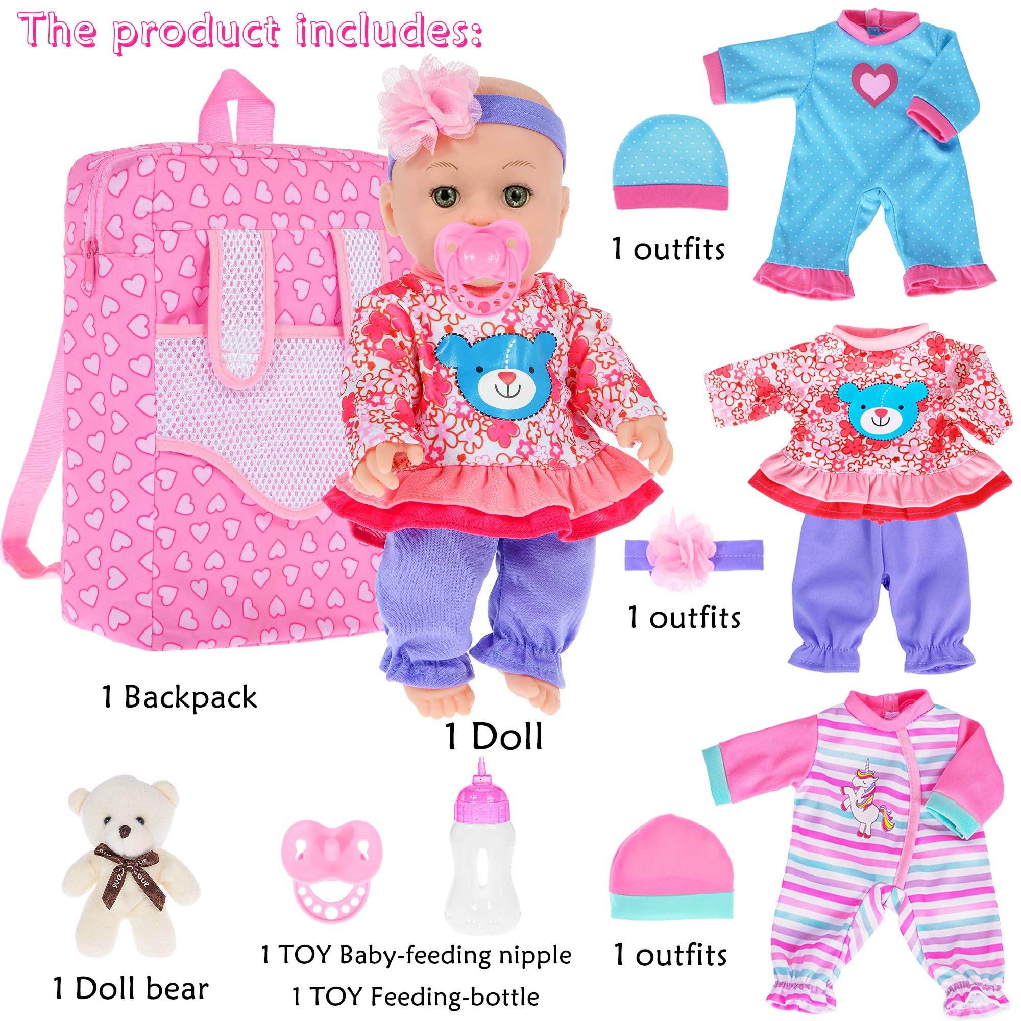 Muñeca de bebé de 12 pulgadas y accesorios, muñecas de bebé Reborn de la vida real con 3 juegos de ropa, mochila, chupete, botella 2