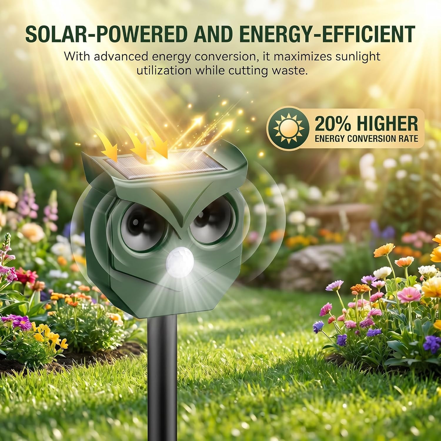 Lot de 2 répulsifs à ultrasons solaires pour animaux avec lumières LED clignotantes – dissuasif extérieur pour écureuils, cerfs, ratons laveurs, lapins, mouffettes, chiens – Protège le jardin, la cour