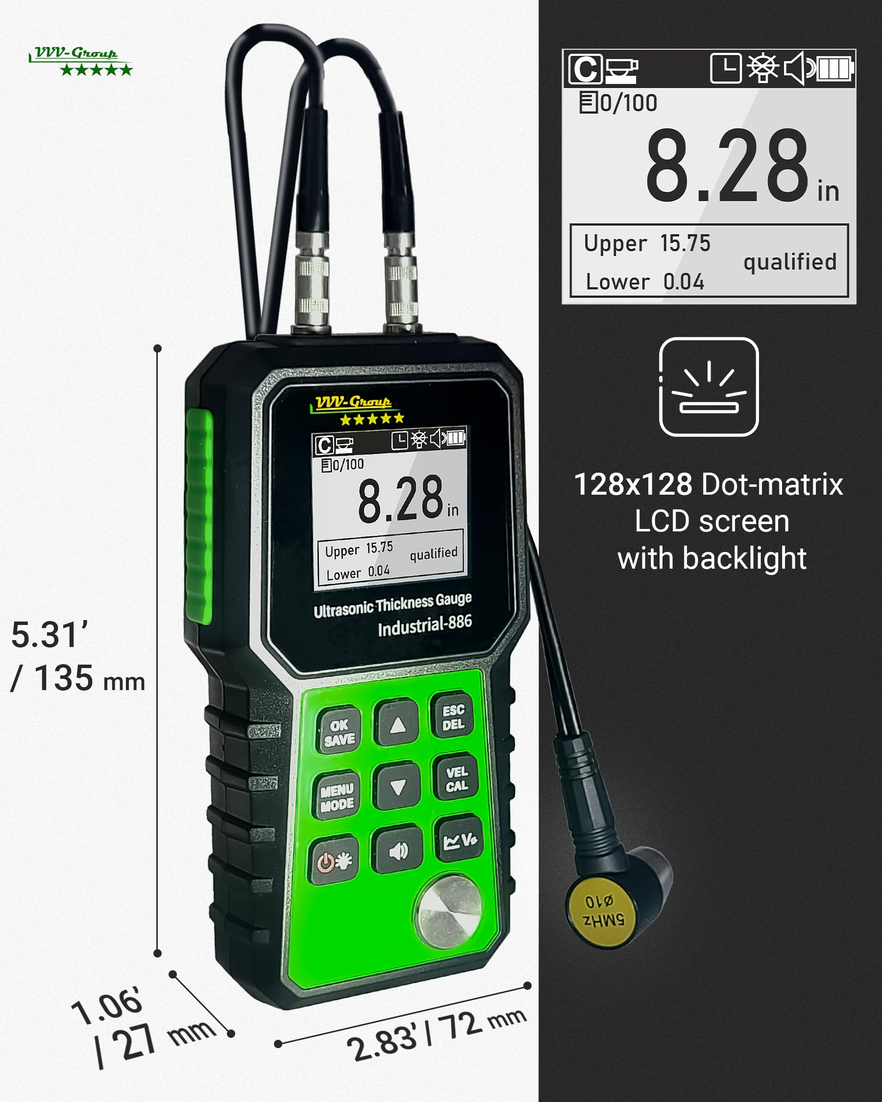 Przemysłowy ultradźwiękowy tester grubości - 886 / Cyfrowy miernik grubości metali z zakresem 0,04-15,75 cala (1-400 mm) / przemysłowy przyrząd pomiarowy