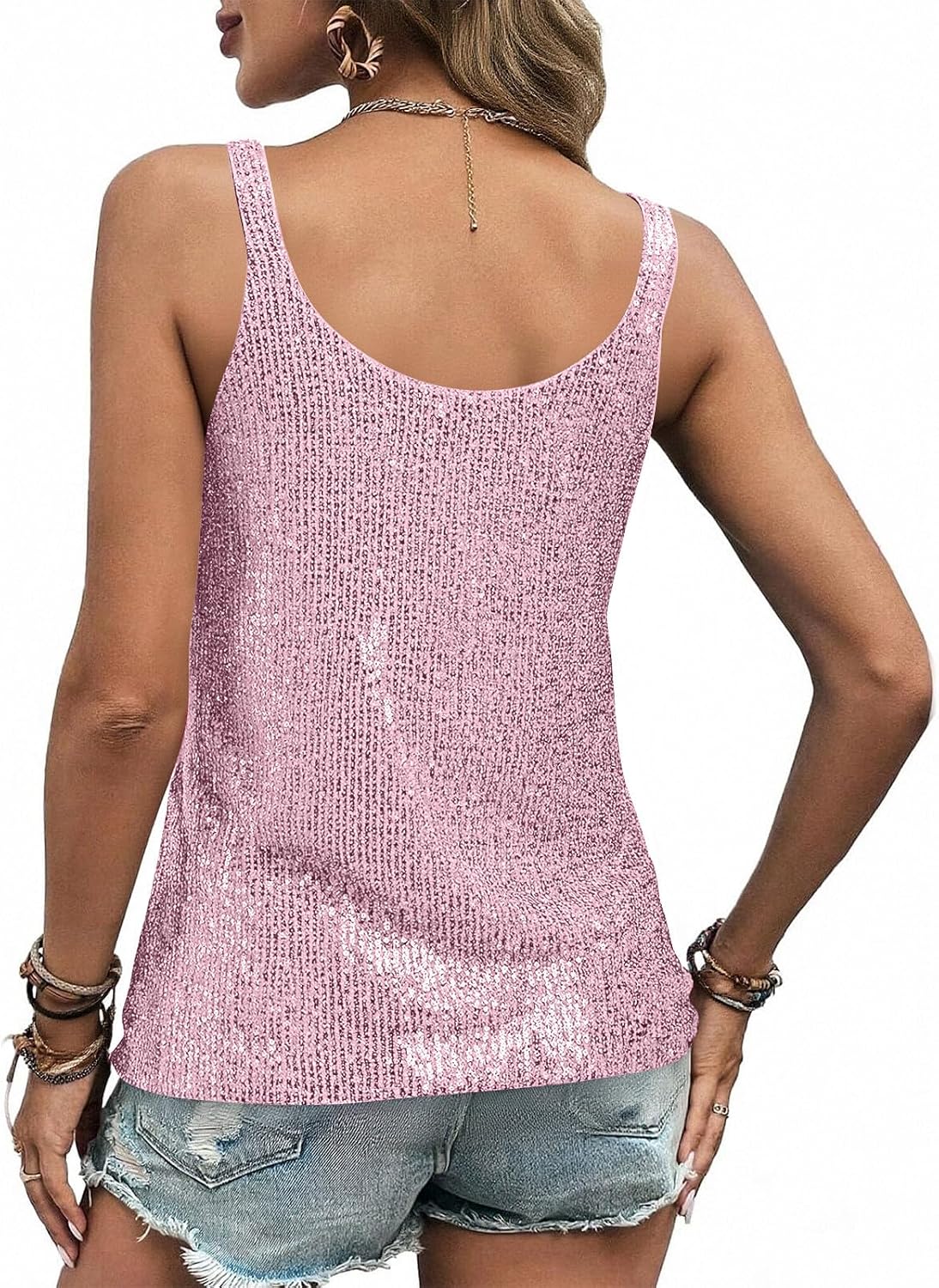 Women's U Neck Camisole Tank Tops Sparkly Sequin Sleeveless Casual Tanks Classic Solid Color Party Holiday Blouse