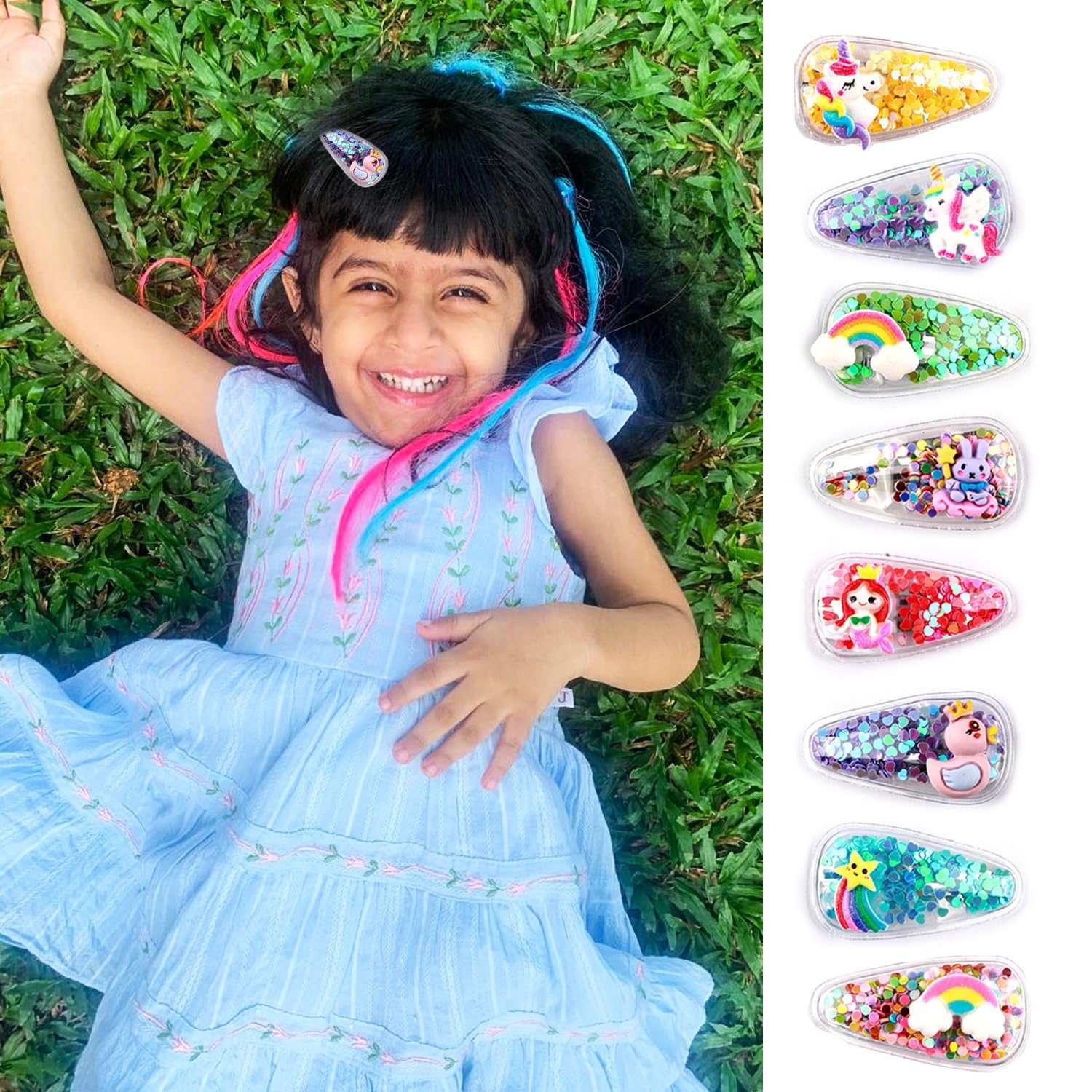 kapimo 8 Pcs Kids Girls Hair Clips Cartoon Glitter Sequin Snap Tic Tac Mix Set for Toddlers Colourful Designs for School Party Daily Use Hair Accessories Pack 4