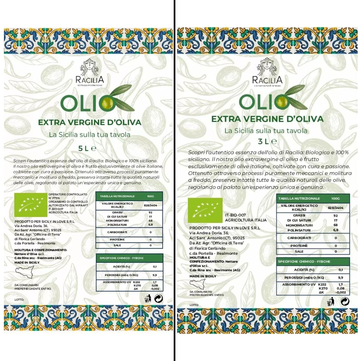 RACILIA Organiczna Oliwa z Oliwek 8 Litrów, Extra Virgin 100% Włoska 8L Puszka Evo Tłoczona Na Zimno z Sycylii, Ekstrahowana z Pierwszego Tłoczenia - Idealne Do Sałatek i Dań Kuchni Sródziemnomorskiej