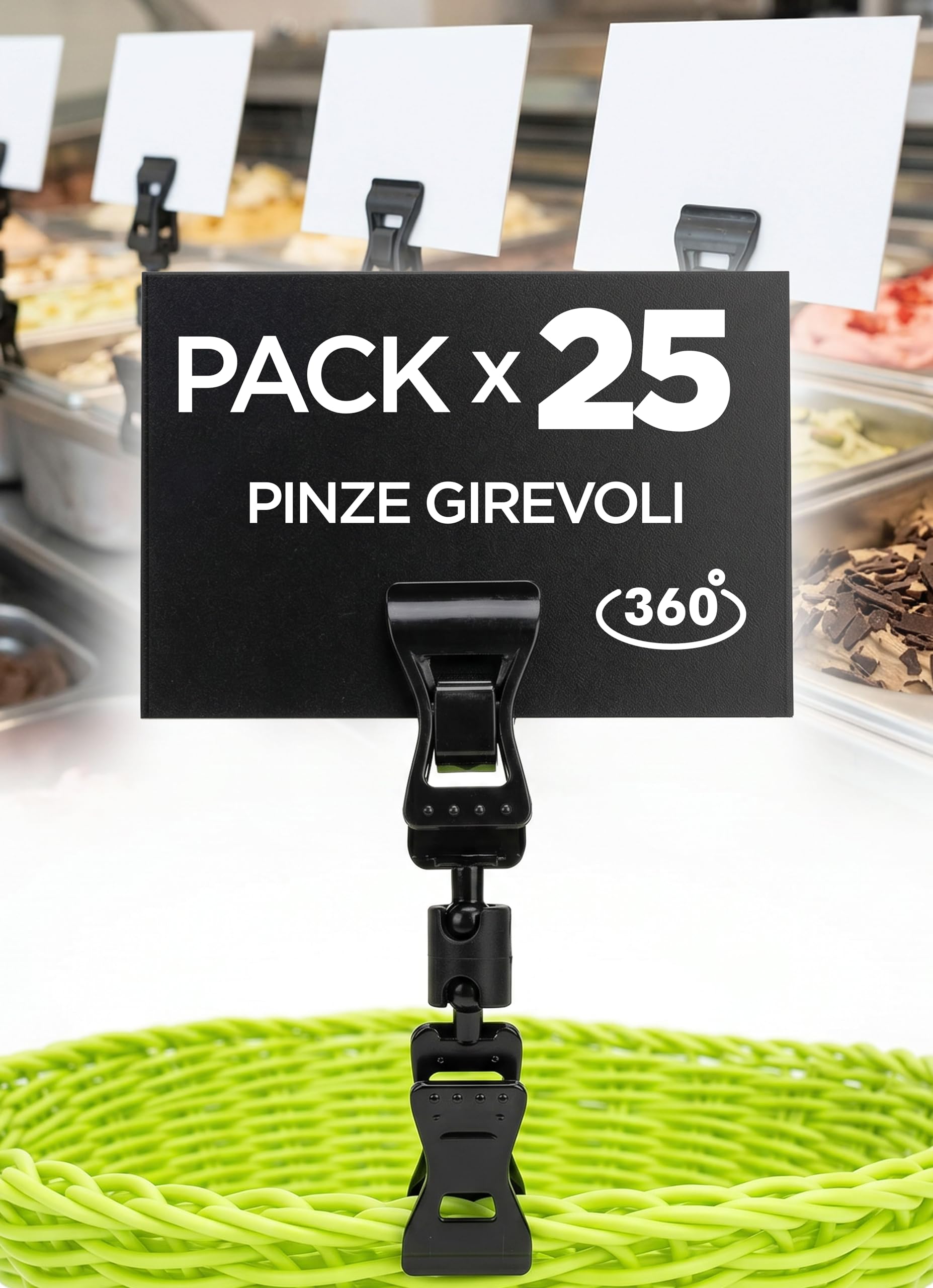 25 Pinzette Portapranzo Girevoli Doppie, Etichette Con Altezza Totale 92 mm, Prezzi Trasparenti o Neri, Poster Offerte e Prezzi, Cartello di Vendita o Supporto Foto (Nero)
