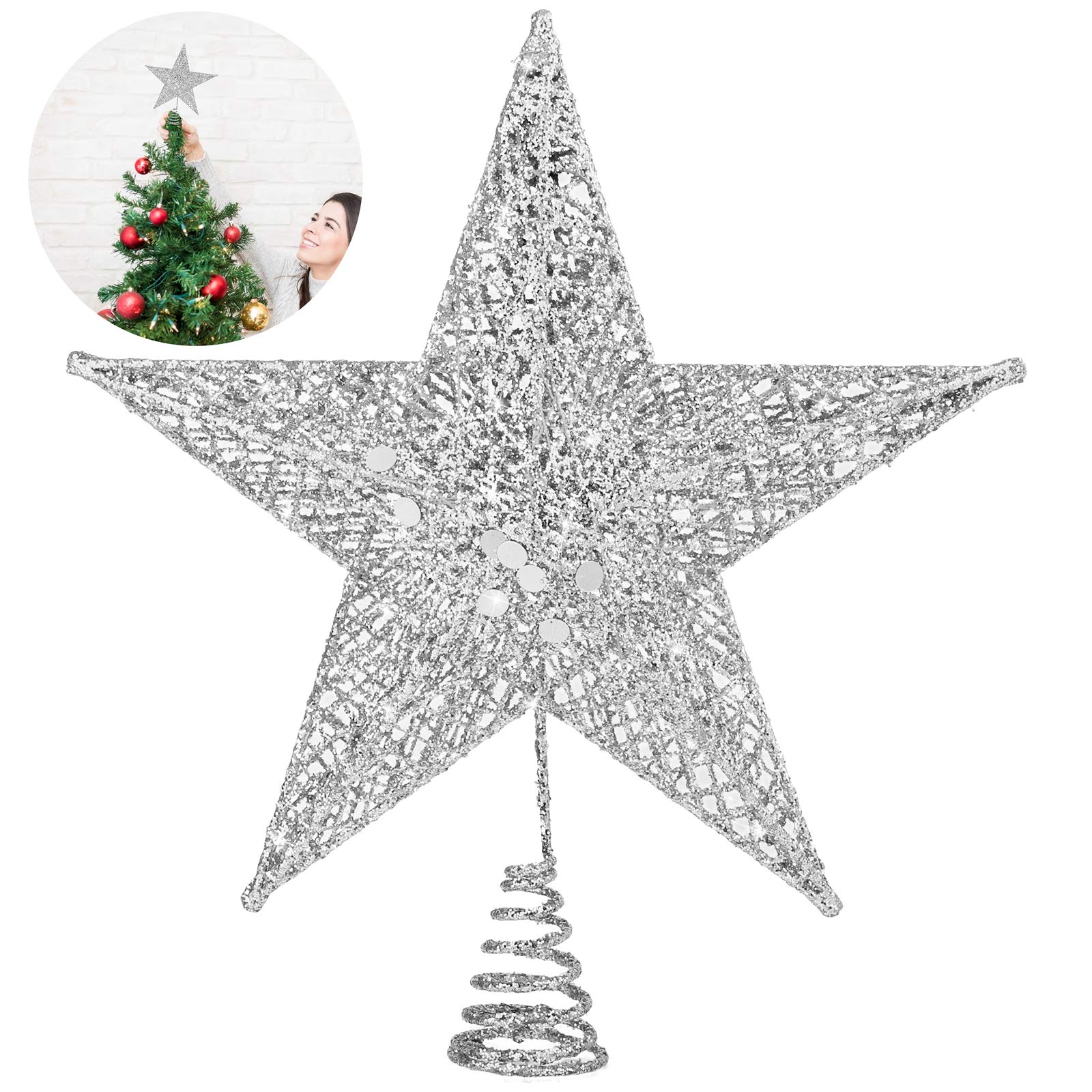 ADXCO Metal Christmas Tree Topper Star Glittered Christmas Treetop Sparkling Hallow Wire Star Treetop for Xmas Holiday Decoration
