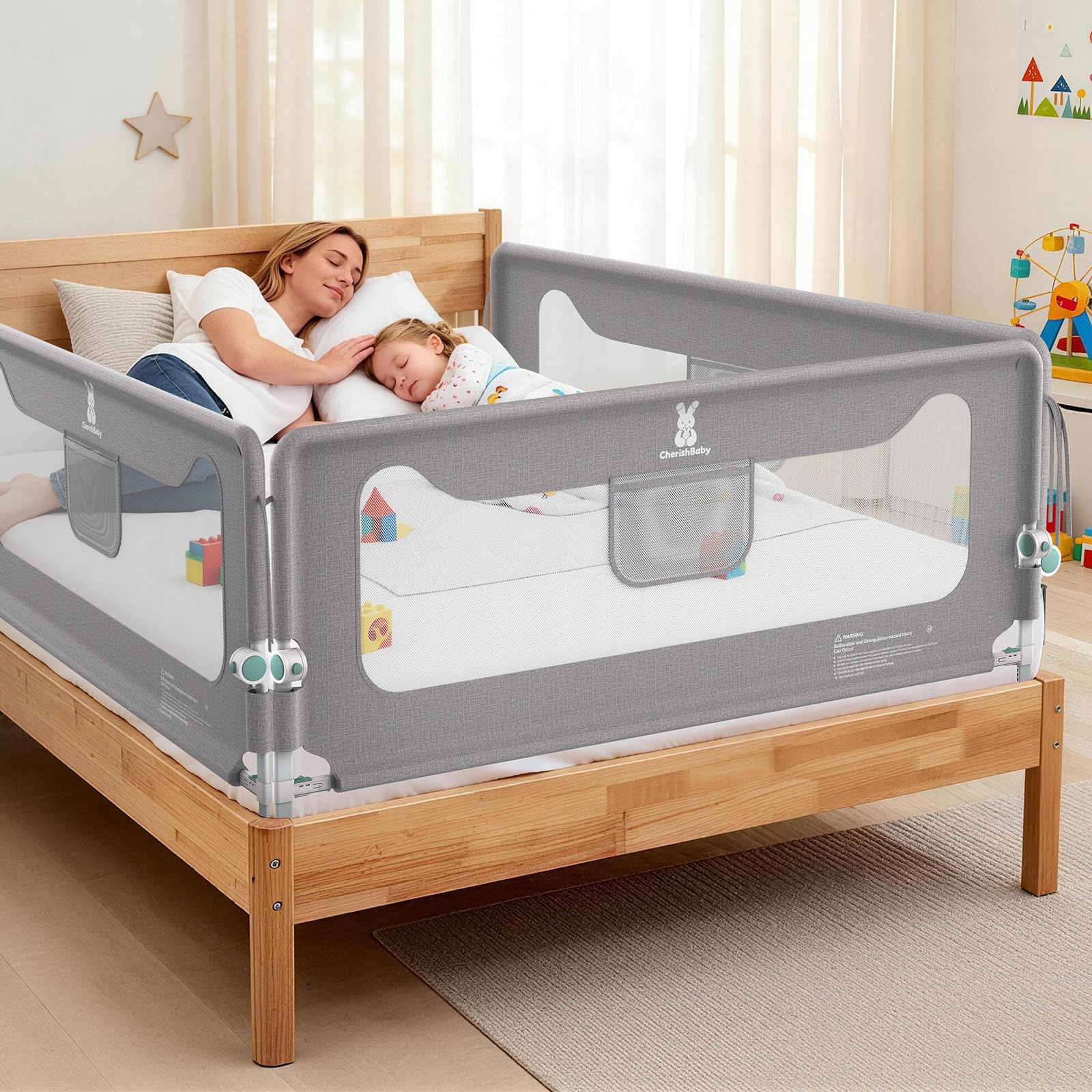 Huracan Barriera per letto Pieghevole 150 cm, protezione anticaduta per letto, protezione anticaduta regolabile in altezza in 14 posizioni, barriera stabile per lettini, letto dei genitori e lettino
