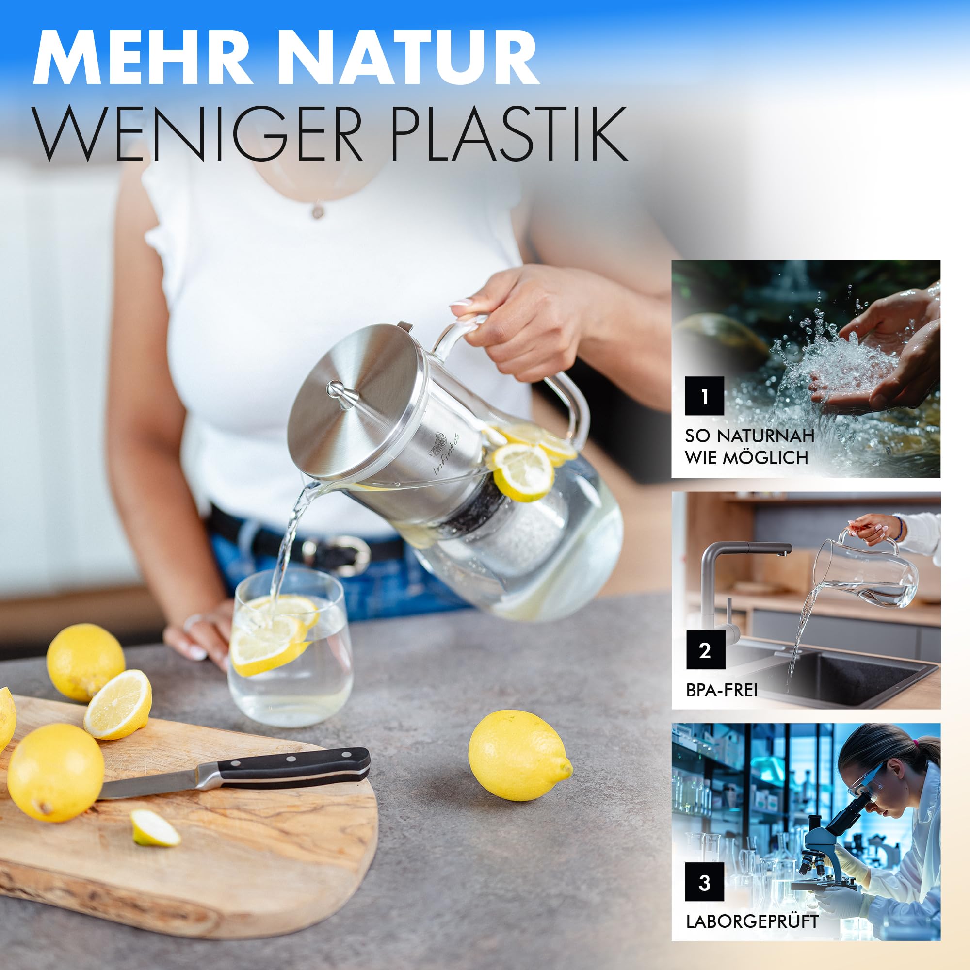 Glas- Wasserfilterkaraffe mit Aktivkohlefilter, Keramikkugeln, Mineralsteinen - gegen Schwermetalle, Kalk - Trinkwasser Wasserfilter für deine Küche