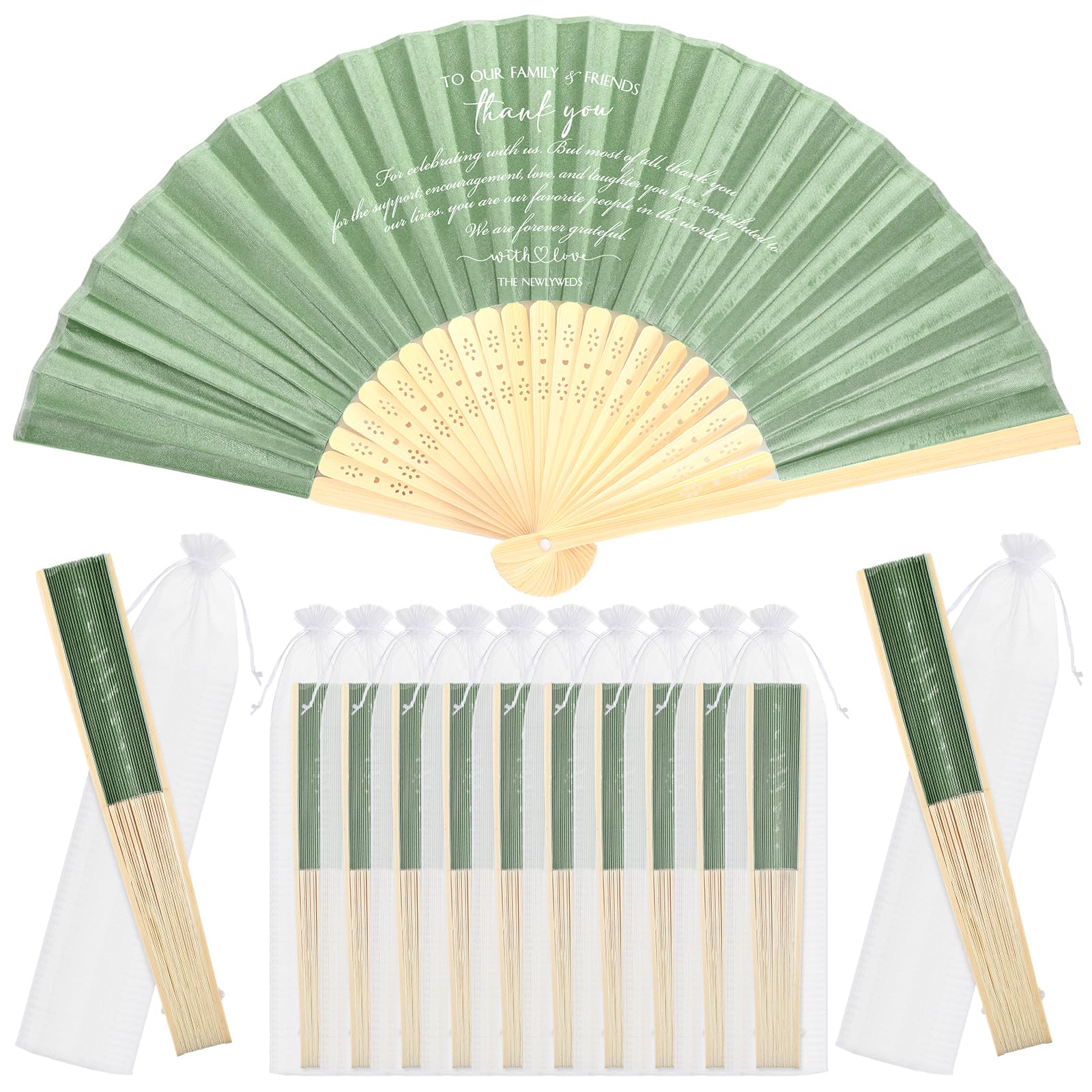 Photo 1 of Menkxi 30 Pcs Silk Fabric Folding Fans Bulk for Wedding Guests Thank You Bamboo Folded Hand Fan for Bridal Shower Decoration Favor Vintage Handheld Fans Souvenirs with Organza Bag (Sage,Classic)