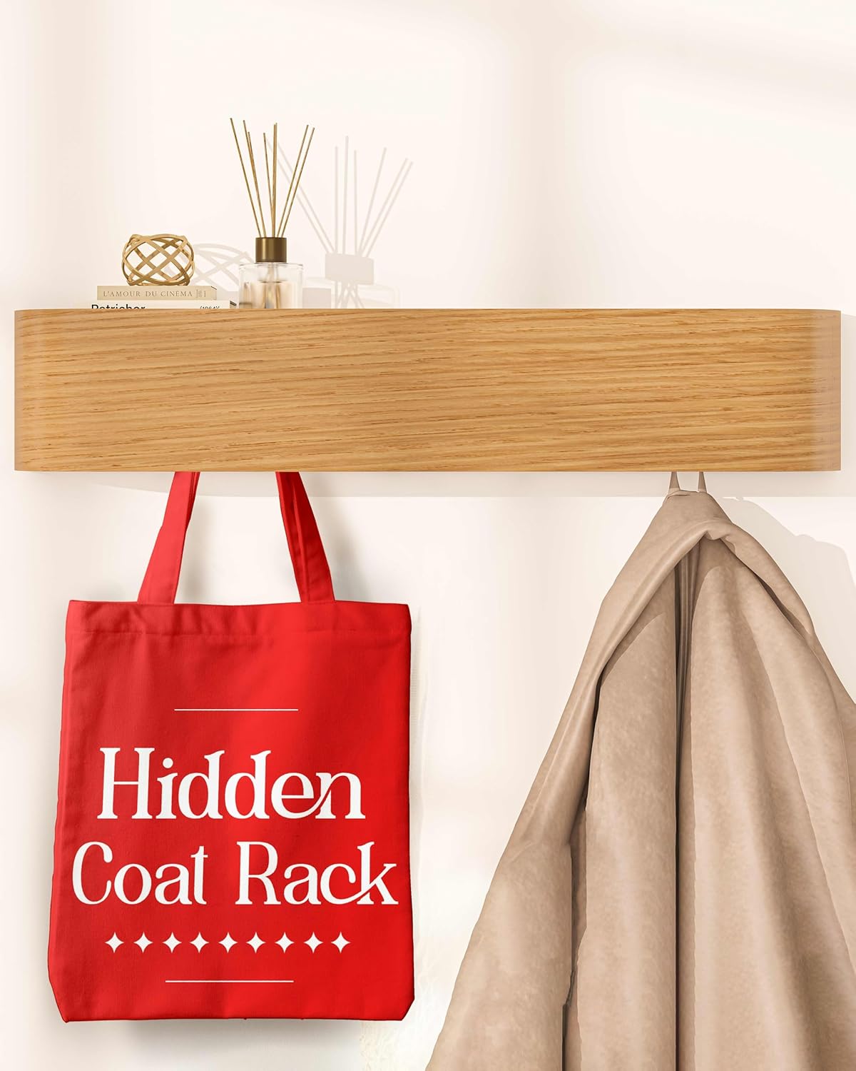 OLEEK Wall Coat Rack - Wall Shelf with Hooks - entryway Hooks - entryway Shelf - Modern Coat Rack - Wooden Coat Rack Wall Mount for Home Decor - Wooden Mount for Home Decor - Coat Hanger Wall Mount Beige