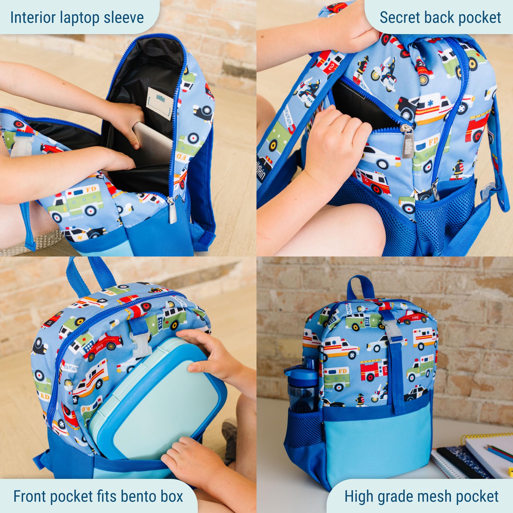 Wildkin Plecak dziecięcy Pack-it-All dla chłopców i dziewcząt, idealny rozmiar do szkoły i podróży, z paskiem przednim, rękawem wewnętrznym, podparciem pleców i kieszenią boczną, bez BPA, oliwkowy dzieci (bohaterowie)