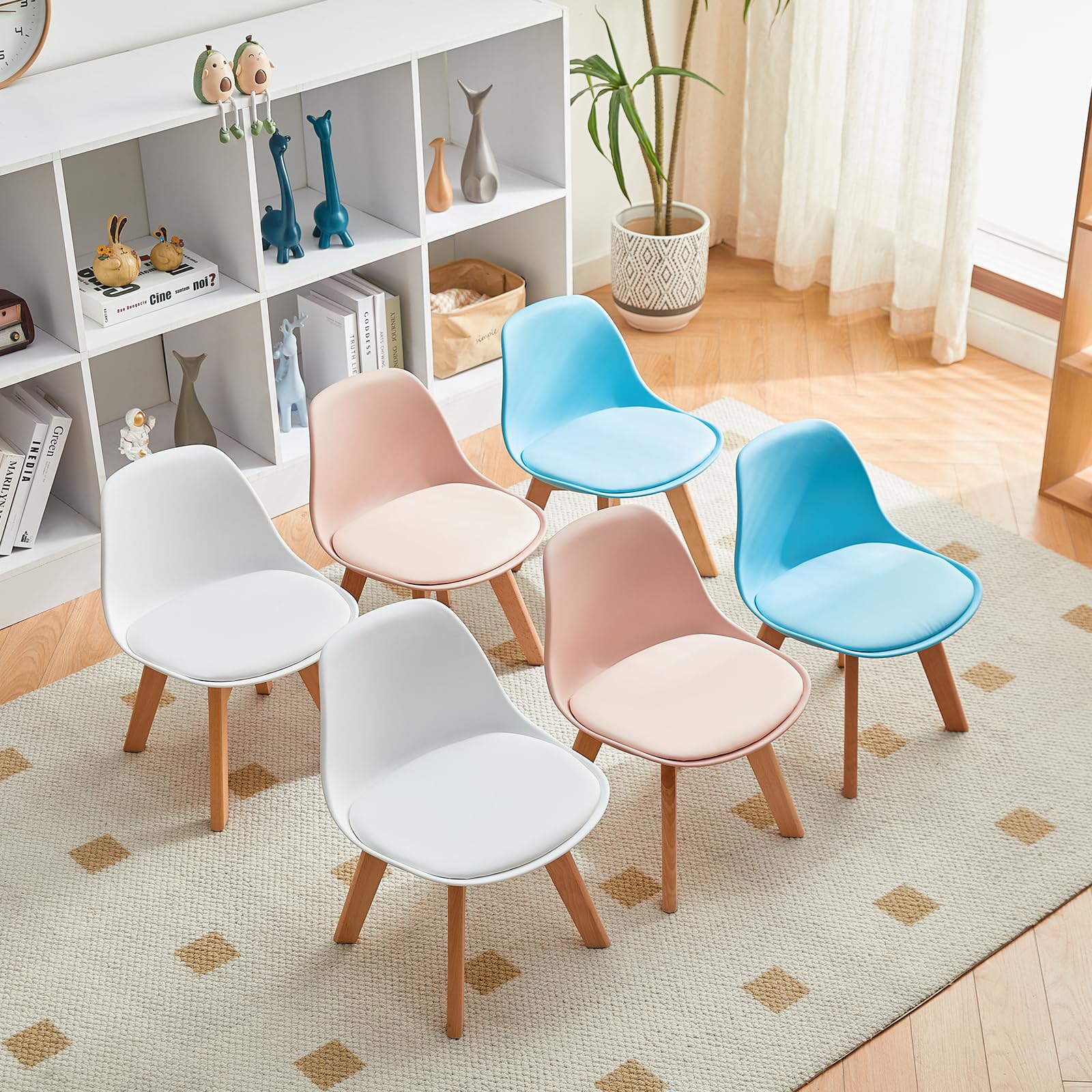 Set di 2 Sedie per Bambini con Gambe in Legno, Sedia Piccola in PP+PU con Schienale per Cameretta, Sedia da scrivania per Bambini, Bianco