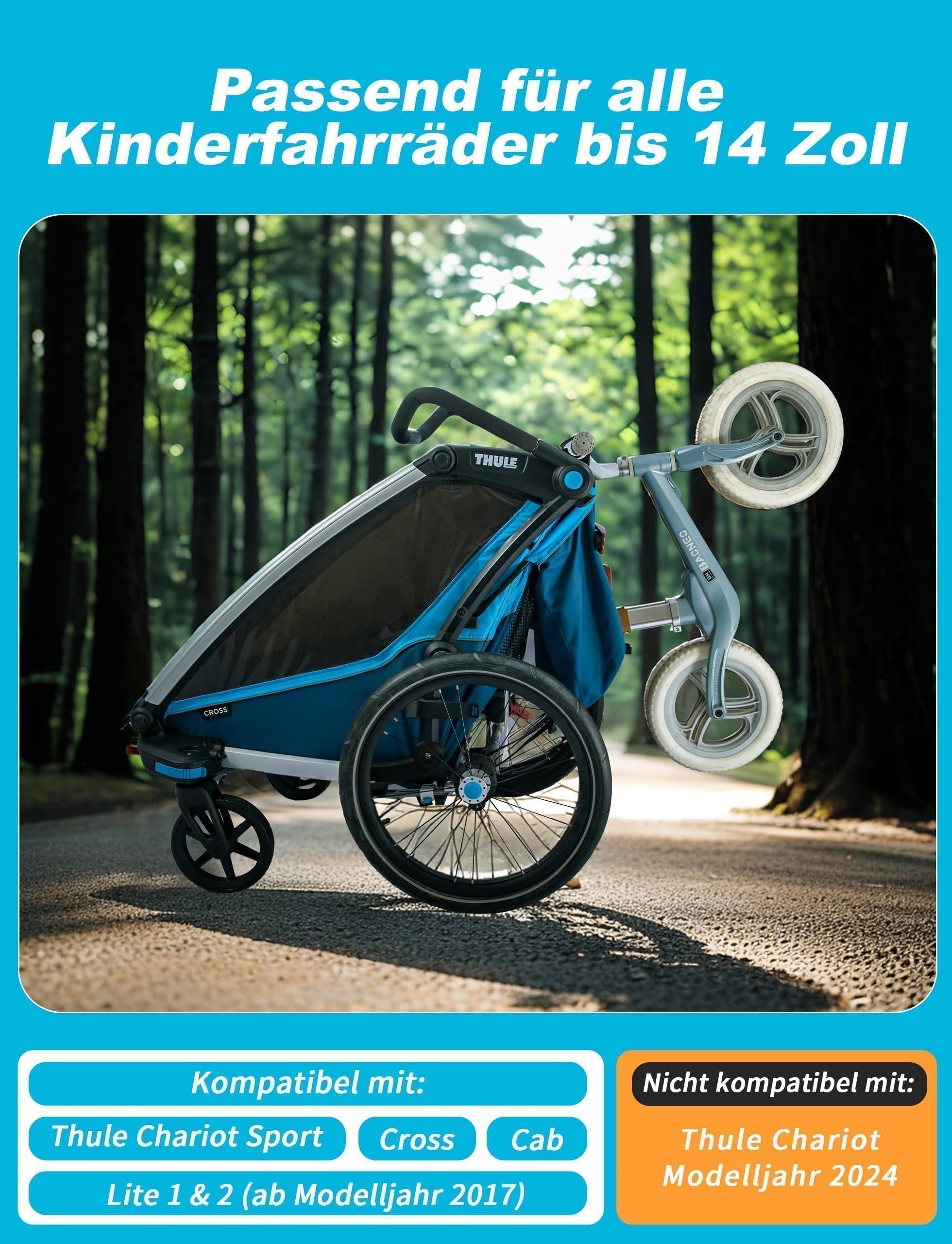 Ruota per bicicletta, supporto per Thule Chariot 2017-2023 Sport, Cross, Cab, Lite 2 fino a 14 pollici max. 20 kg - Rimorchio per bicicletta per bambini