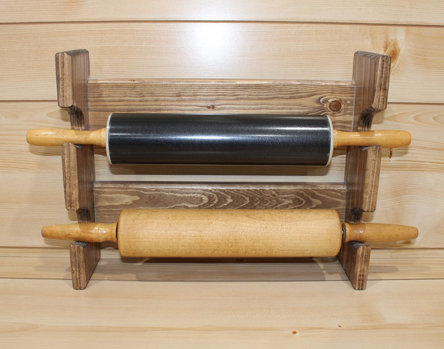 Rustic Wooden Rolling Pin Rack for 2 Rolling Pins – Wall Mounted Rolling Pin Holder with Farmhouse Kitchen Display Shelf