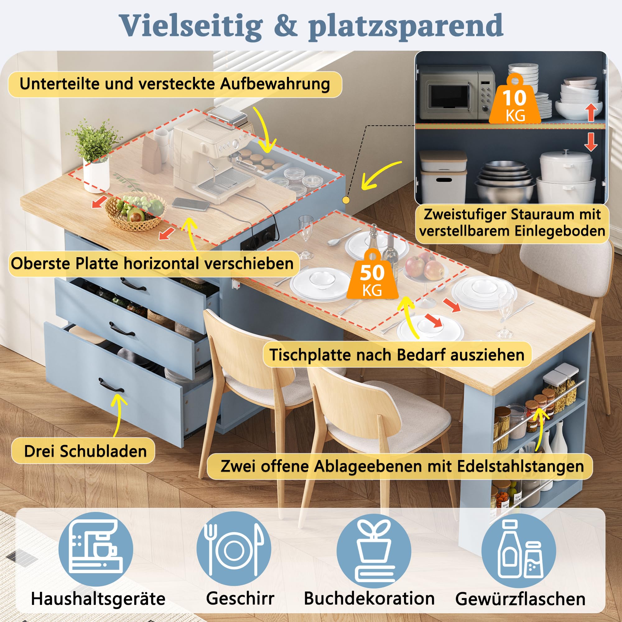 Wyspa kuchenna na kółkach, wysuwany stół do jadalni z oświetleniem LED, stół kuchenny z listwami zasilającymi, służy jako wyspa kuchenna, kredens, stolik barowy do kuchni i jadalni (niebieski)