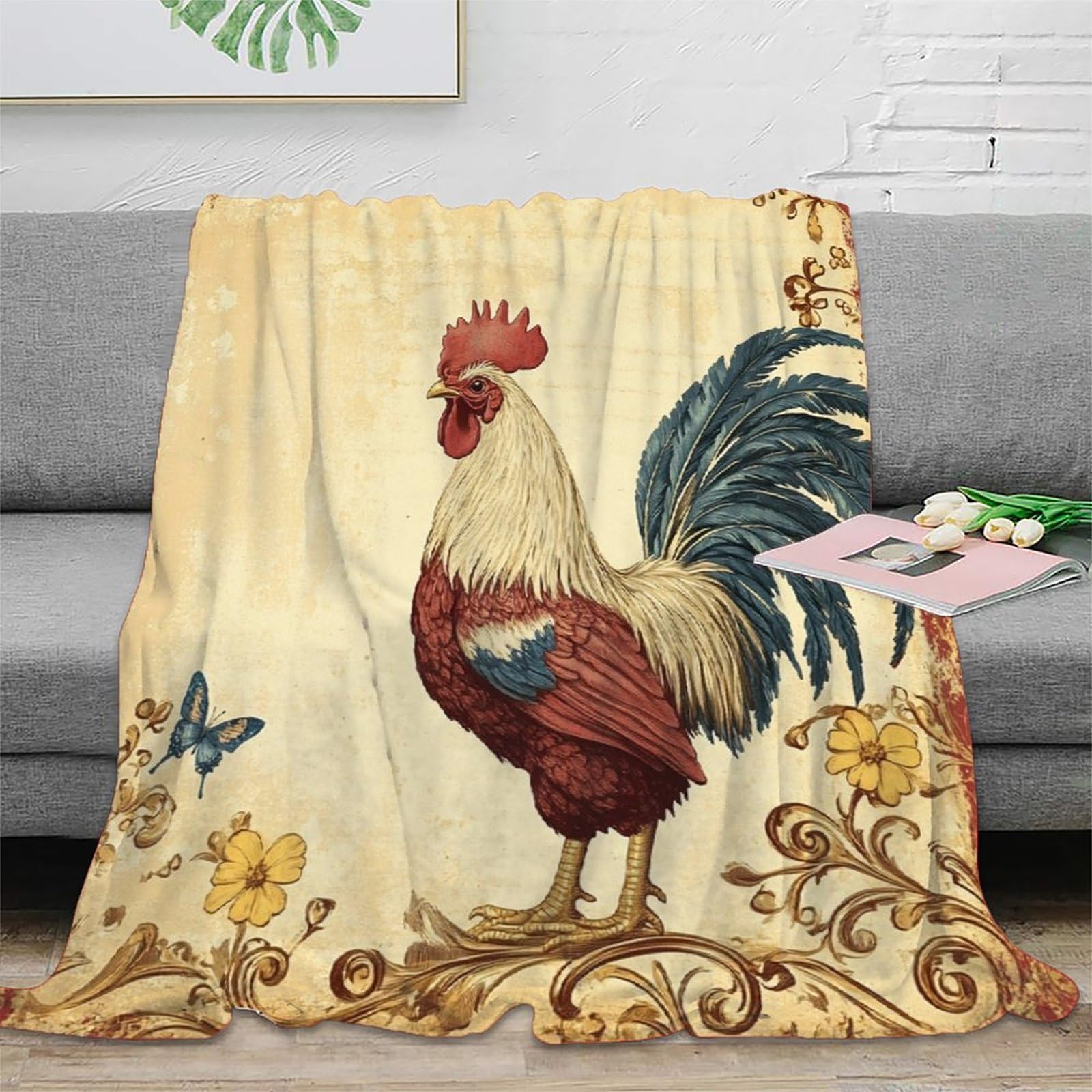 Plaid Polaire Anti-Bouloche Imprimé Coq Vintage | Couverture Chaude et Douce pour Grand Canapé