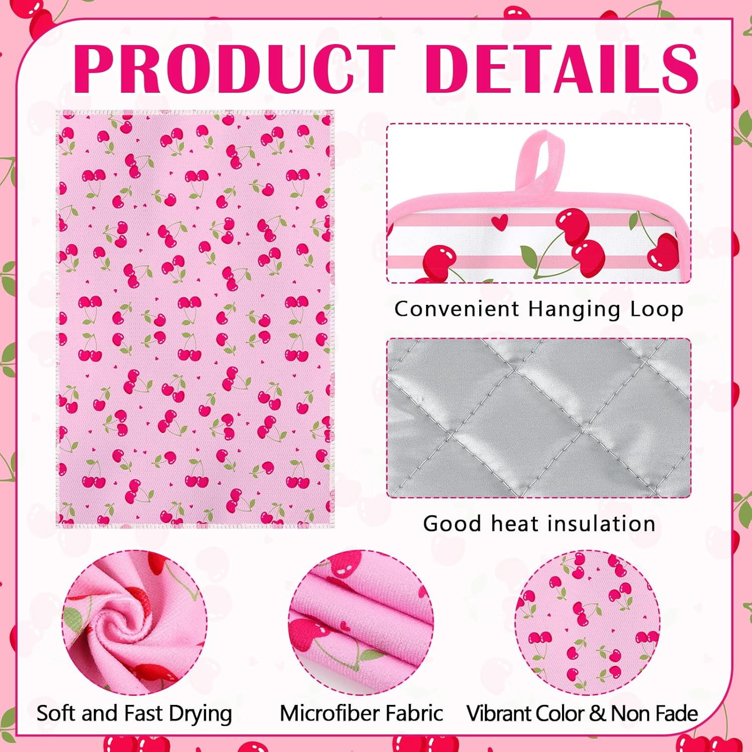 Hahafelt 6 Pcs Cherry Kitchen Decor Accessories Include 2 Cherry Towels 2 Pink Pot Holder 2 Cute Oven Mitt for Kitchen Bathroom Decor Baking Cooking Housewarming Gift