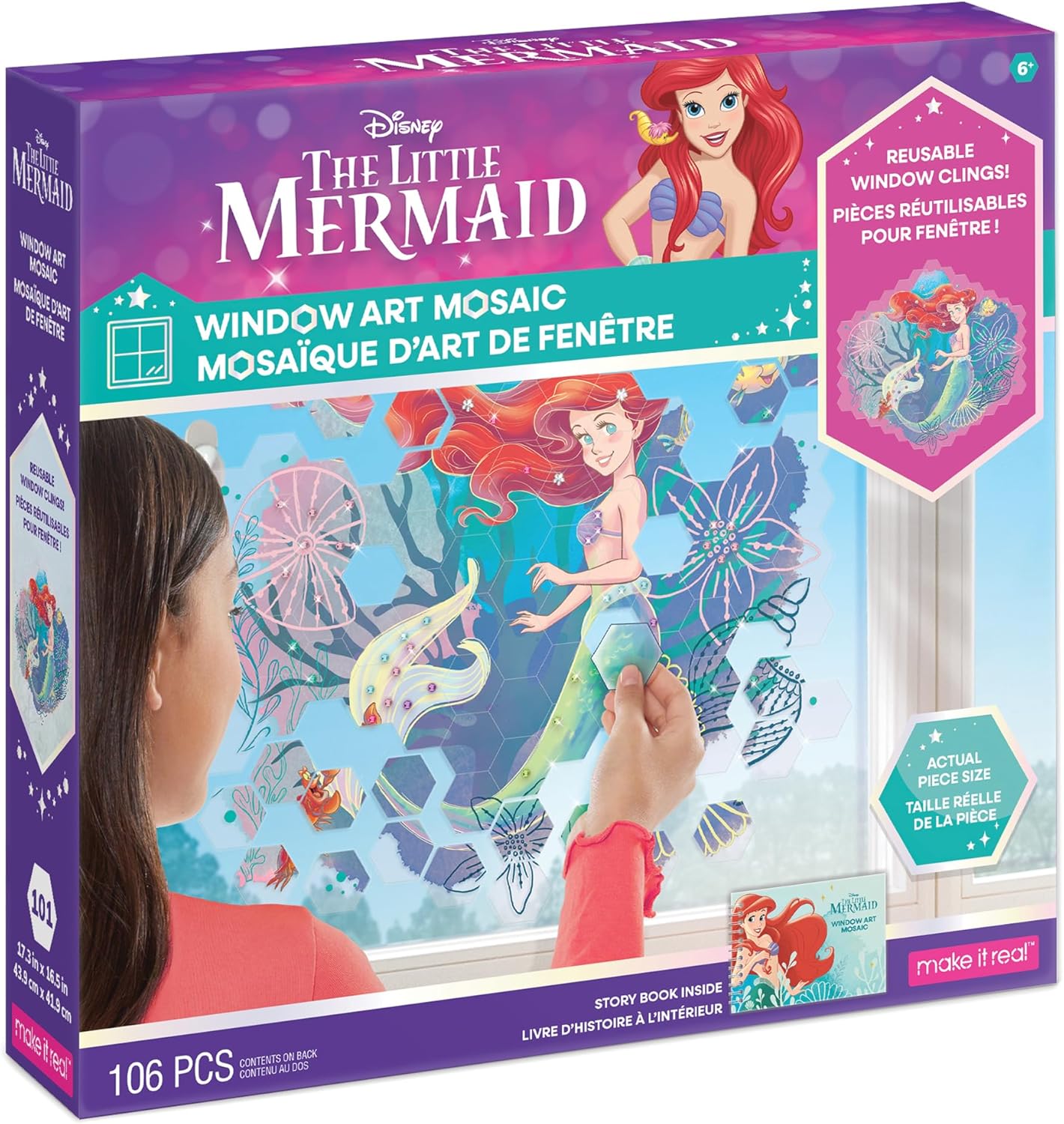 Make It Real Disney: Window Art Mosaic - The Little Mermaid - 106 pcs, Reusable Puzzle Window Clings, Creates a 17.3 x 16.5 Image, Kids Ages 6+