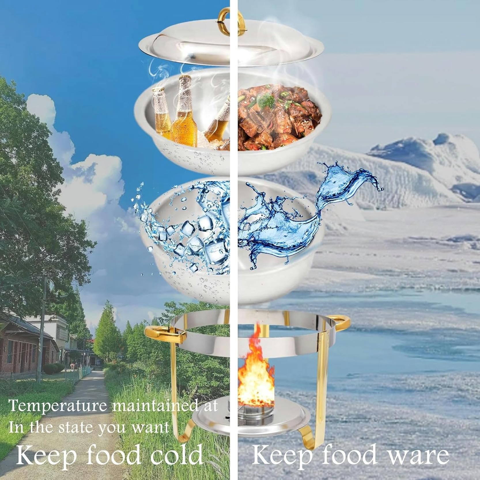 Chafing Dish Buffet Set The Heater with Round 4.5 Litre Water Container and a Covered Food Container is Durable and Easy to Clean for Food/Parties/Weddings/Banquets, Gold + Metal