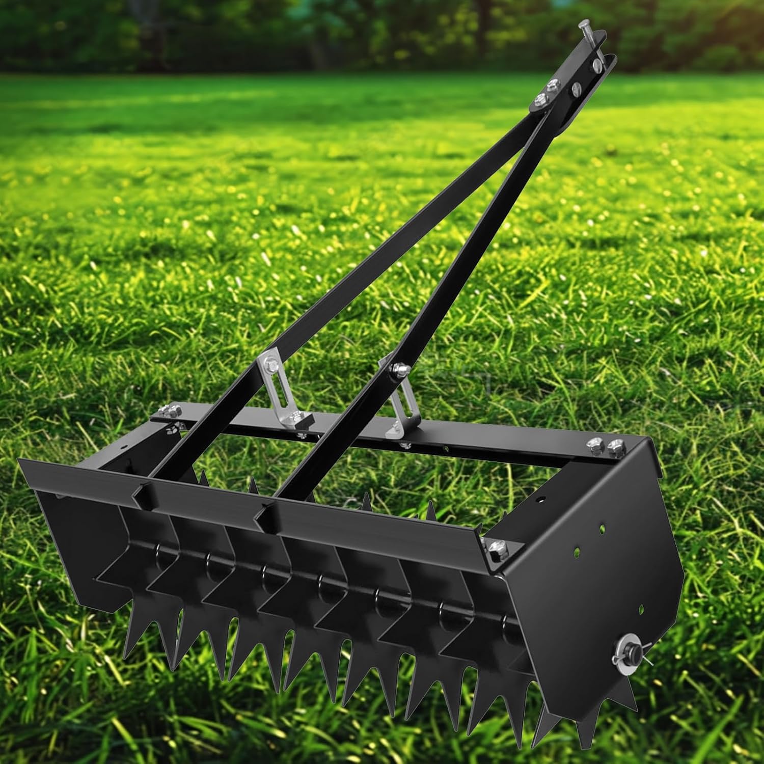45 Inch Towed Spike Aerator, Tractor Lawn Aerator with 8 Steel Spike Discs, Mower Hitch, Lawn Soil Penetrator with Extra Wide Drawbar for Farm, Planting (Black, 45 Inch)