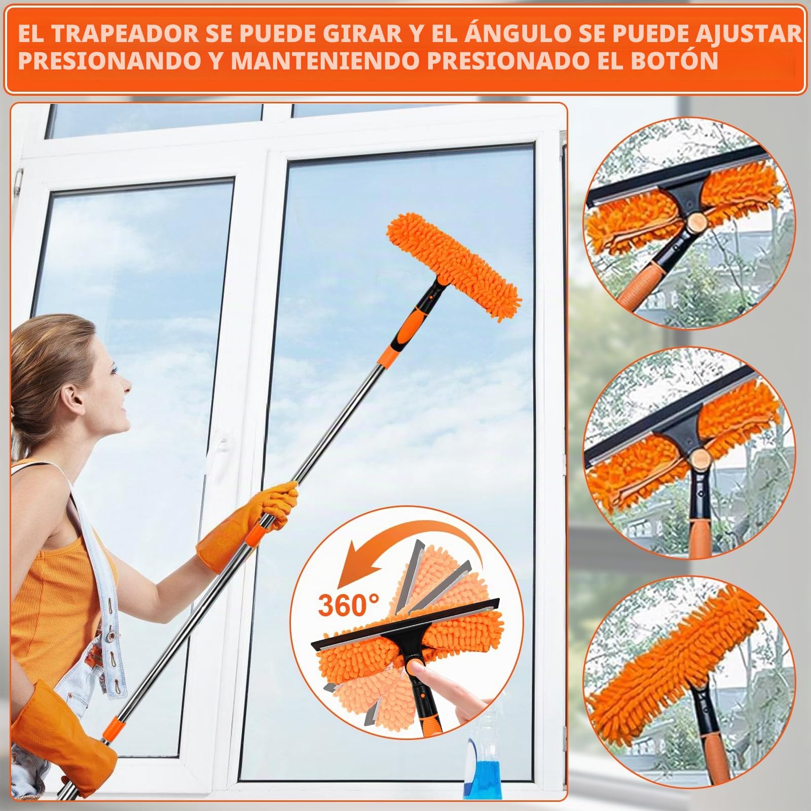 Limpiacristales con Mango Extensible de 24-450cm, Limpiador de Ventanas Telescópico con Escobilla de Silicona y Paños de Microfibra, Limpia Cristales con Mango Largo para Ventanas