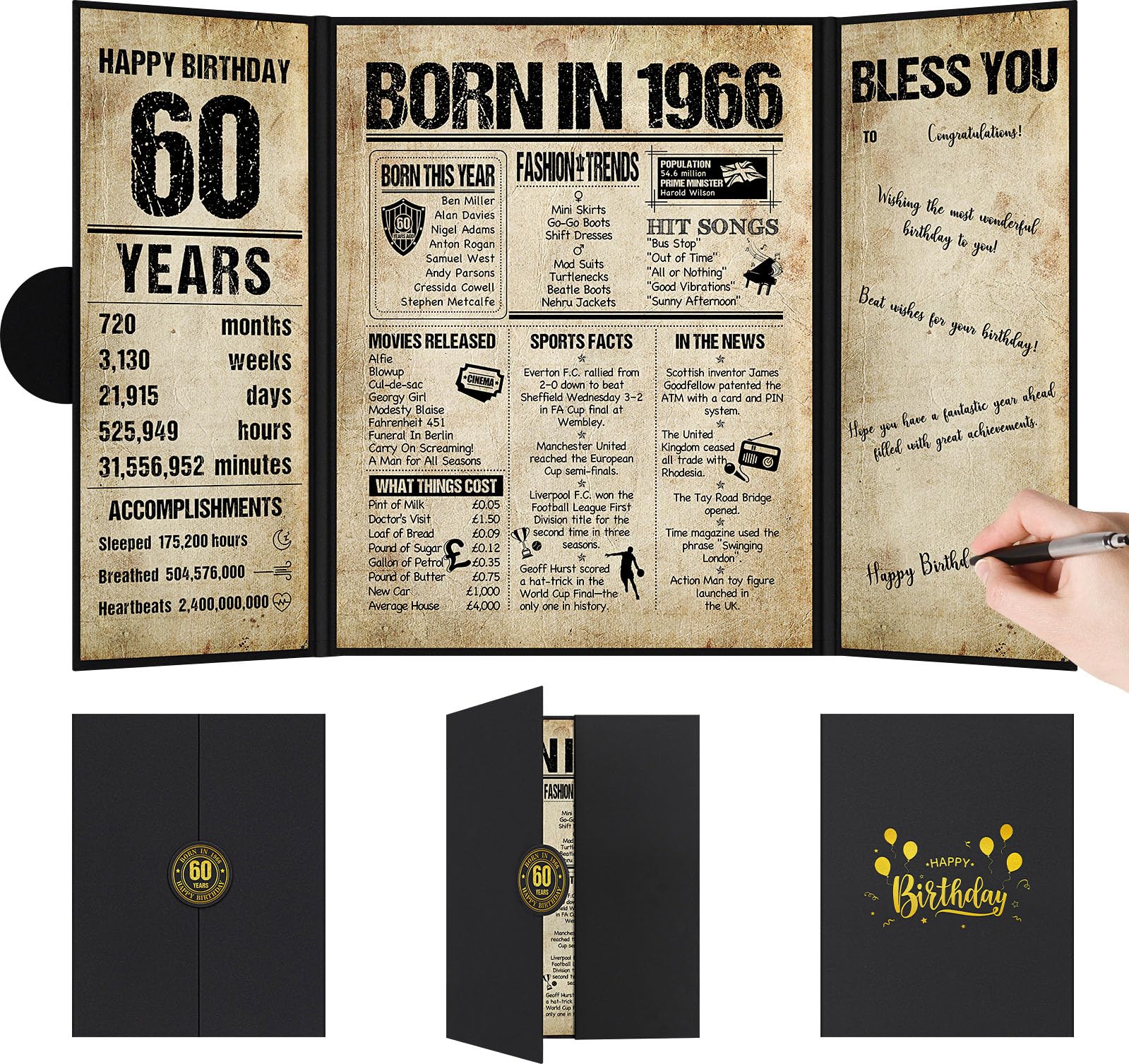 Benjia 60th Birthday Decoration, Bday Card Gift Guest Signing Book for Woman Man, Born in 1966 UK Poster Guestbook, 60 Years Old Signature Board, Vintage Birthday Party Decor for Mum Dad