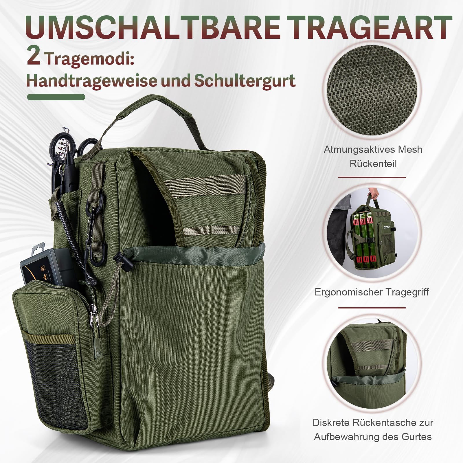 Goture Angeltasche mit 3 Köderboxen, Angelausrüstung, Wasserdicht Crossbody | Aus robustem 900D Oxford, mehrere Taschen, einstellbarer Riemen, geeignet für Wandern, Camping, Reisen