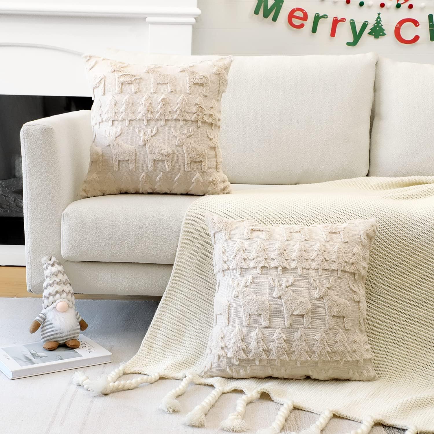 OTOSTAR Set of 2 Xmas Soft Plush Short Wool Velvet Decorative Throw Pillow Covers Square Luxury Style Cushion Case Pillow Shell for Sofa Bedroom Christmas Tree and Elk Cream Beige, 16x16 Inch - Image 2