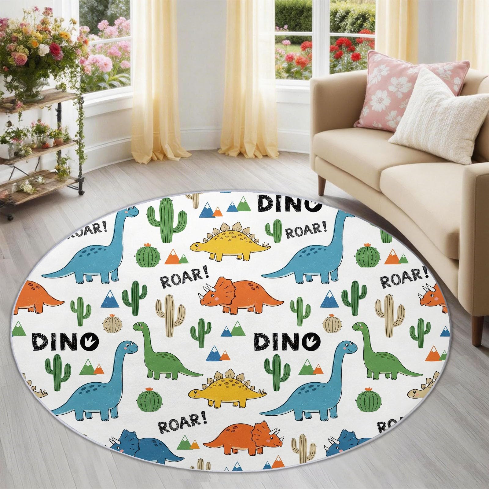 Générique Dywan do pokoju dziecięcego dziewczynki chłopiec okrągły 245 cm zwierzę kreskówka dinozaur zabawny i kaktus - duży miękki pełzający do małego pokoju dziecięcego salonu, kolorowy