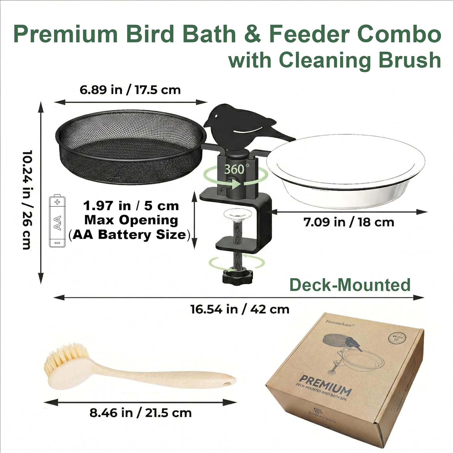 Deck Bird Feeder for Balcony Railing, No-Drill Adjustable Clamp Mount, Heavy-Duty Metal Mesh Platform Tray, Windproof Removable Water Bowl Bird Bath, Feeding Station for Wild Birds with Cleaning Brush