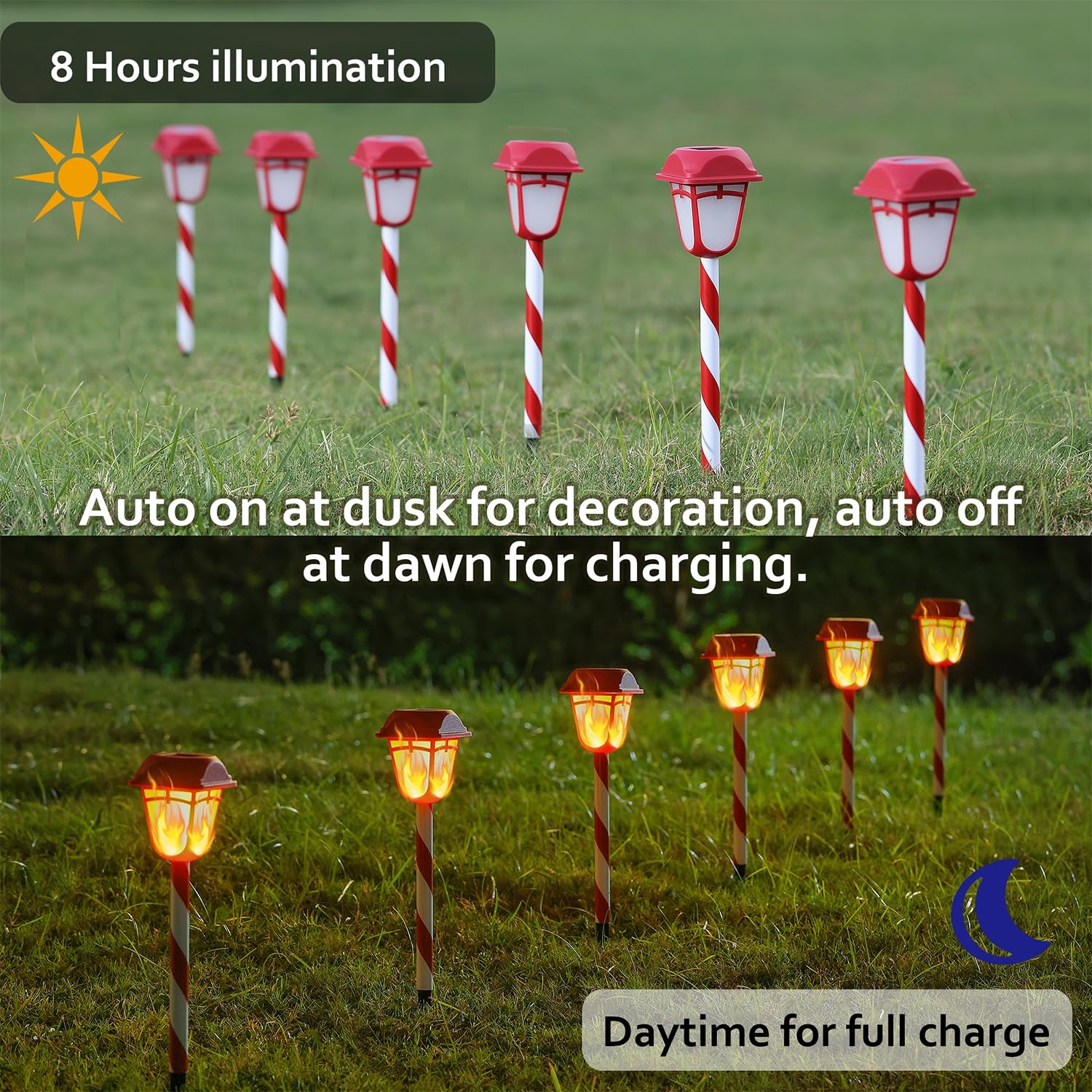 Dynaming 9 Pack Outdoor Solar Flimmern Flamme Taschenlampe, Rot & Weiß Candy Schilf Weihnachten Wegmarker, Wasserdicht & Auto Ein/Aus für Weihnachten Patio Hof Walkway Auffahrt