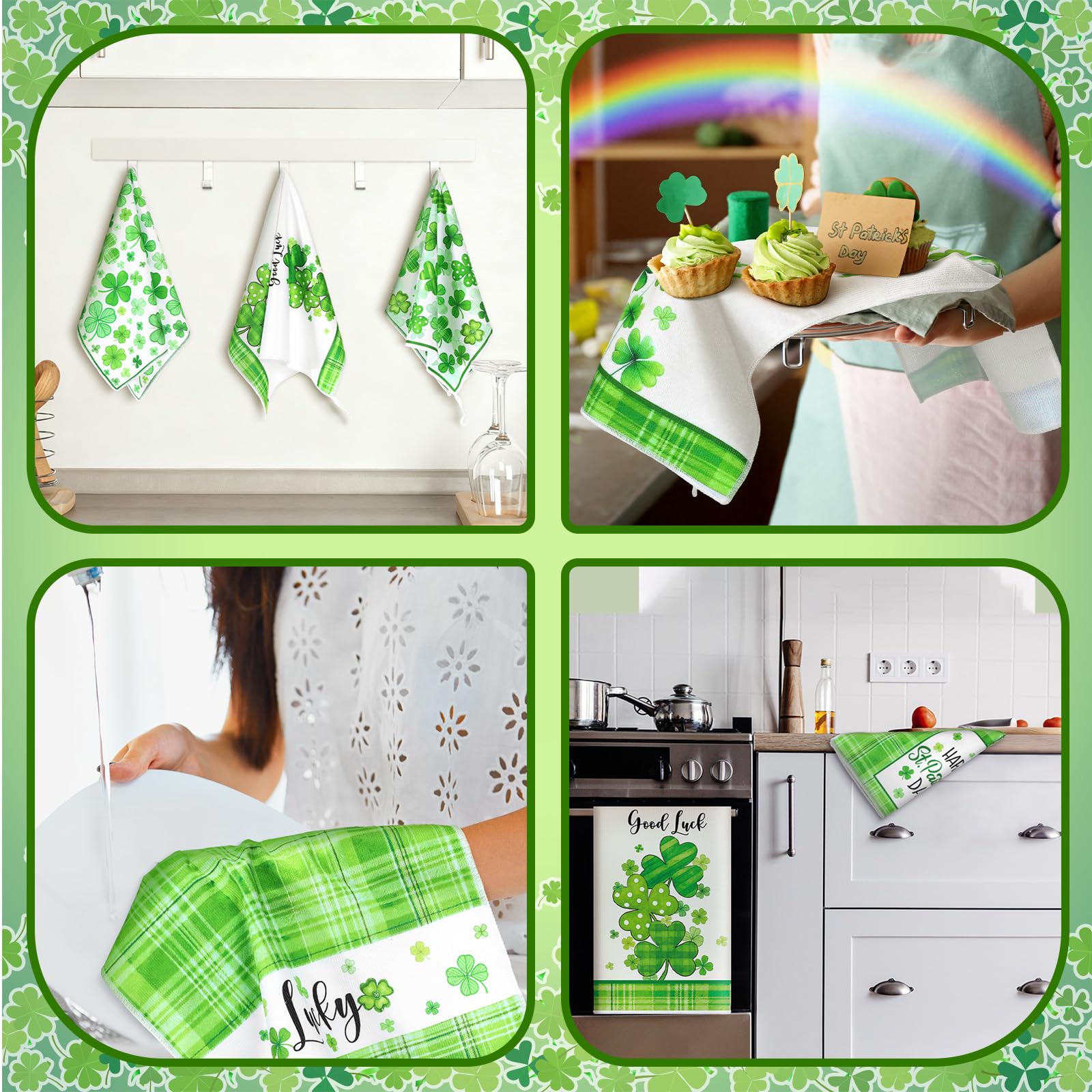Bencailor 12-teiliges St. Patrick's Day Küchendekor-Sets, 6 x St. Patricks Day-Handtücher, 2 x Küchenteppich und Matte, 2 x Kleeblatt-Topfhalter, 2 x grüne Ofenhandschuhe für irische Partys