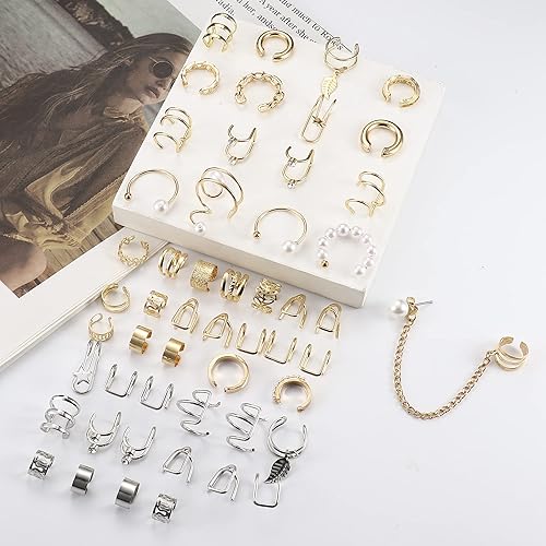 Miniatura 6 de Dochais 52 Pcs Ear Cuff, Helix Cartilage Clip on Earrings Ear Cartilage Clip on Wrap Earrings Ear Cuffs for Women Men Non Piercing Ear Piercing Fake